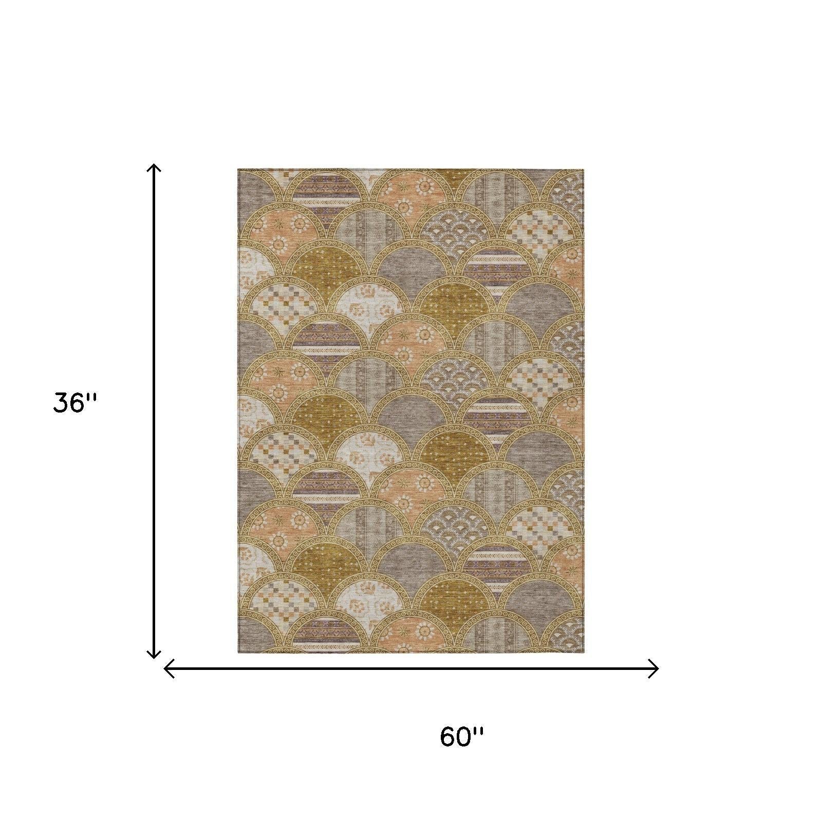 3' X 5' Walnut And Gold Geometric Washable Indoor Outdoor Area Rug Homeroots Outdoor