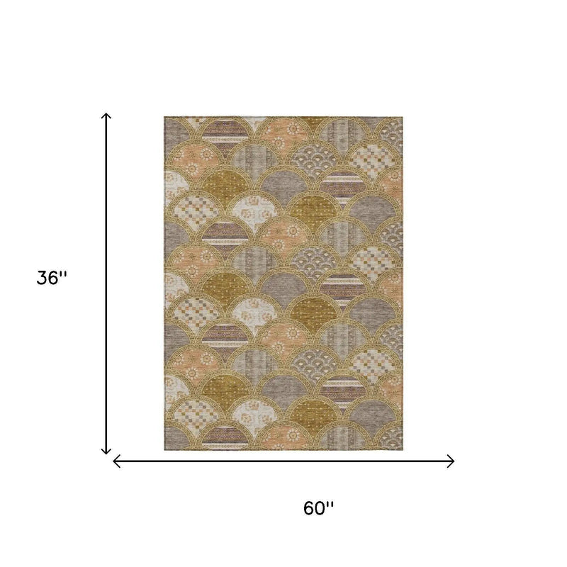 3' X 5' Walnut And Gold Geometric Washable Indoor Outdoor Area Rug Homeroots Outdoor