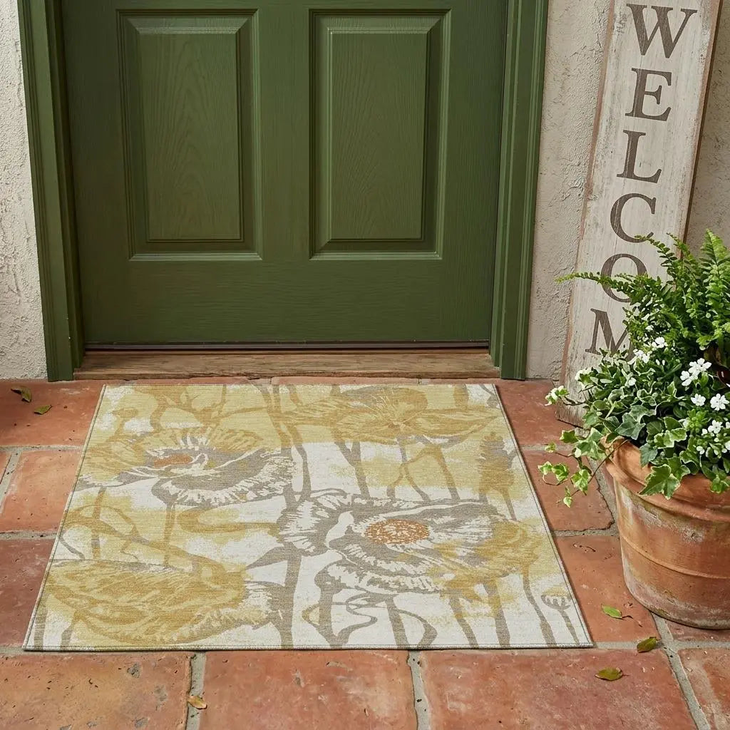 3' X 5' Wheat And Gold Floral Washable Indoor Outdoor Area Rug Homeroots Outdoor