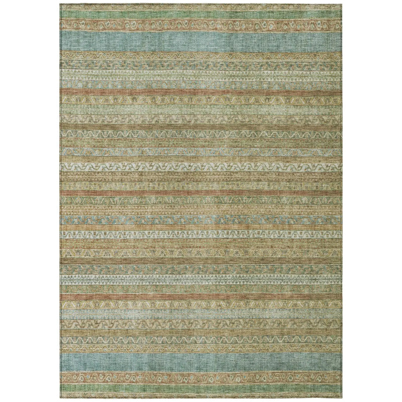 Multi-colored area rug with intricate geometric patterns, featuring muted greens, browns, and rust tones. Ideal for bohemian decor.