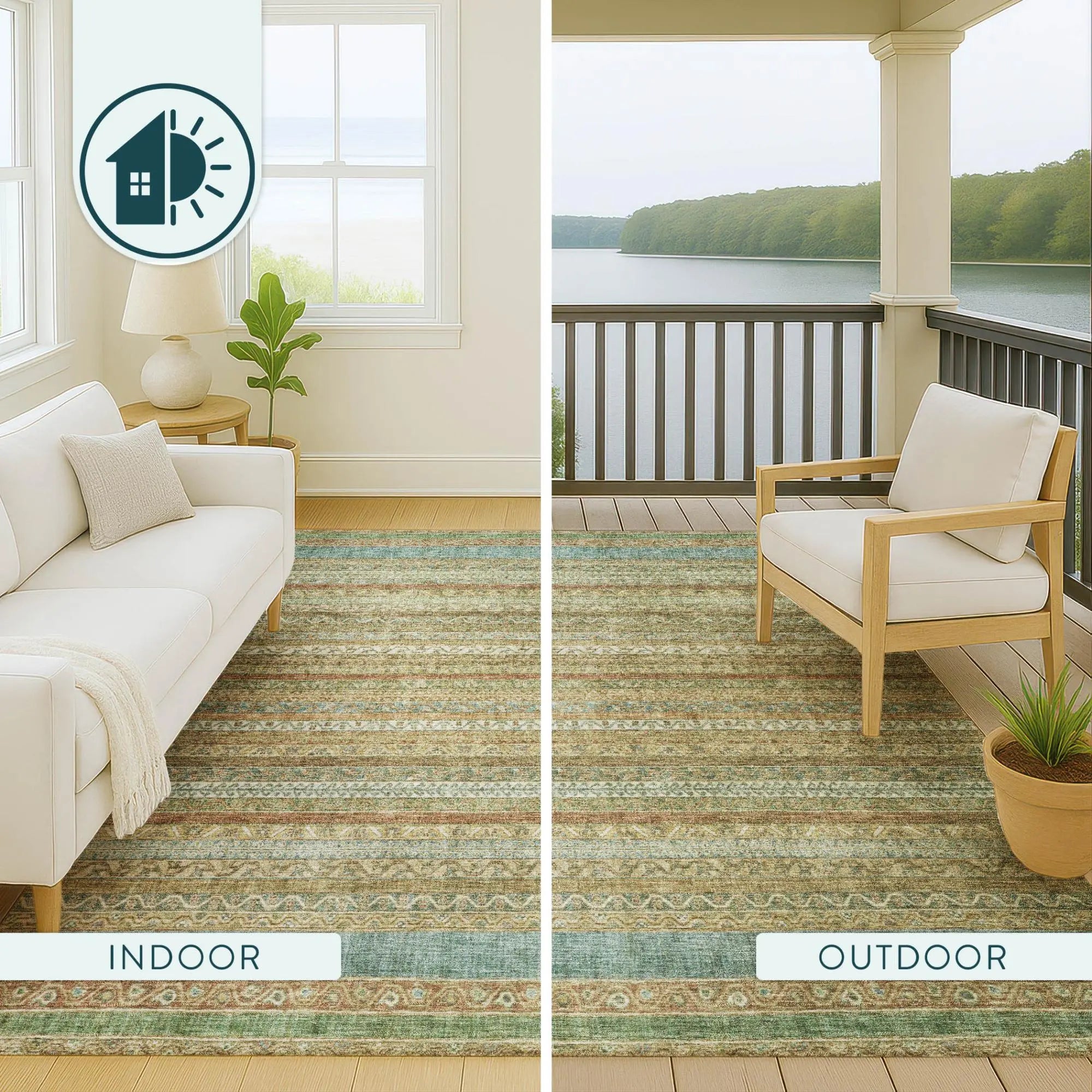 Indoor/outdoor area rug in teal, beige, and brown with tribal patterns, perfect for enhancing cozy spaces.