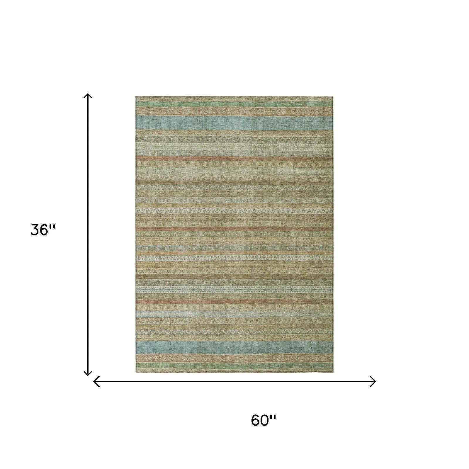 Striped area rug in teal, beige, and gold, 36x60 inches, perfect for modern or bohemian decor styles.