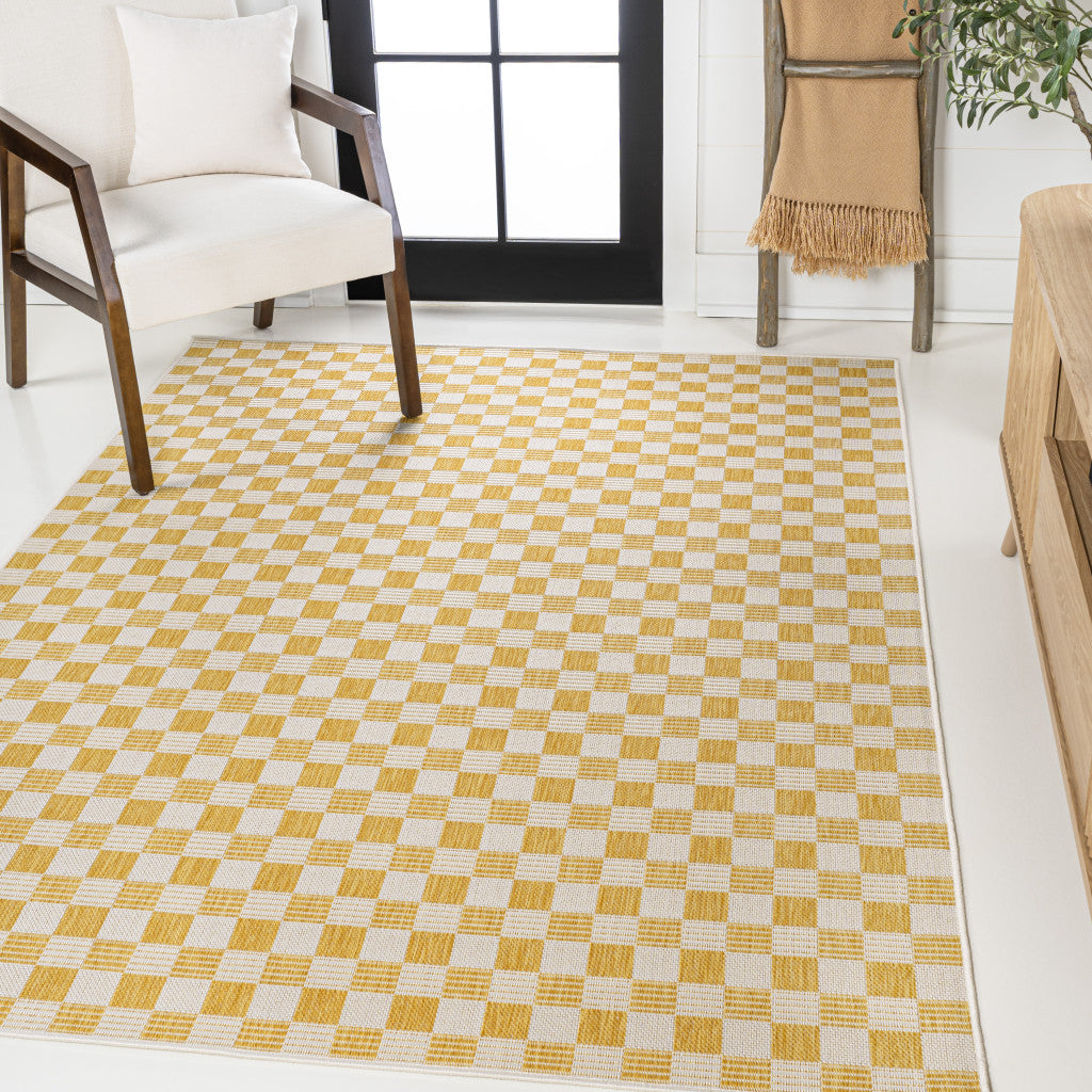 3' X 5' Yellow And Cream Geometric Indoor Outdoor Area Rug - GreatEagleInc