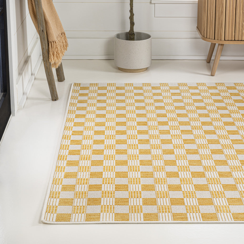 3' X 5' Yellow And Cream Geometric Indoor Outdoor Area Rug - GreatEagleInc