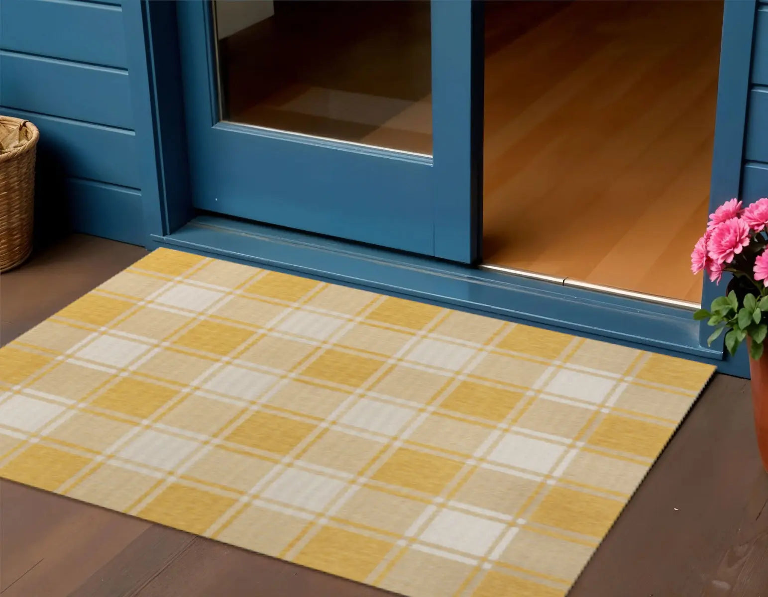 3' X 5' Yellow And Cream Gingham Indoor Outdoor Area Rug Homeroots Outdoor