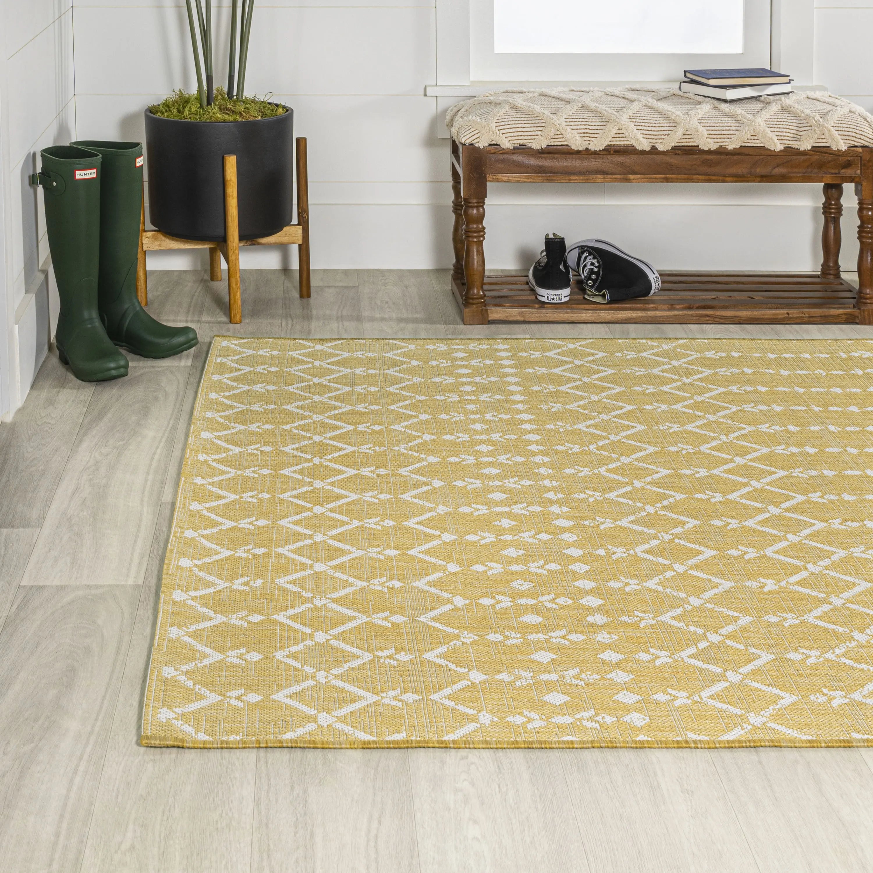 3' X 5' Yellow And Cream Trellis Indoor Outdoor Area Rug Homeroots Outdoor
