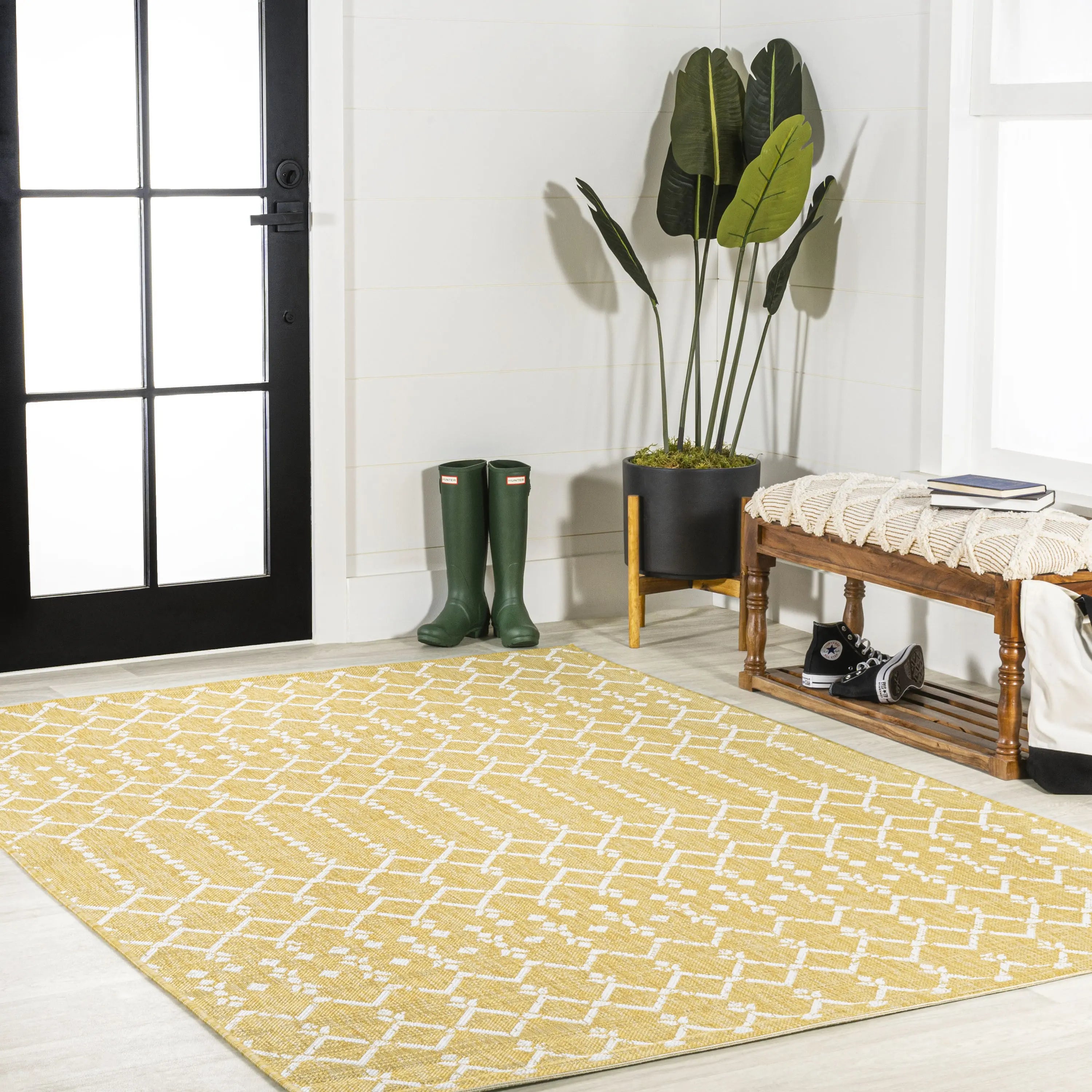 3' X 5' Yellow And Cream Trellis Indoor Outdoor Area Rug Homeroots Outdoor