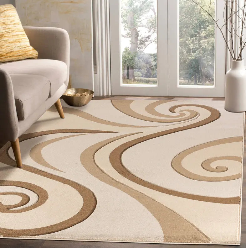 3'8" x 5'6" Beige Modern Swirls Hand-Carved Soft Rug Home Mart Goods