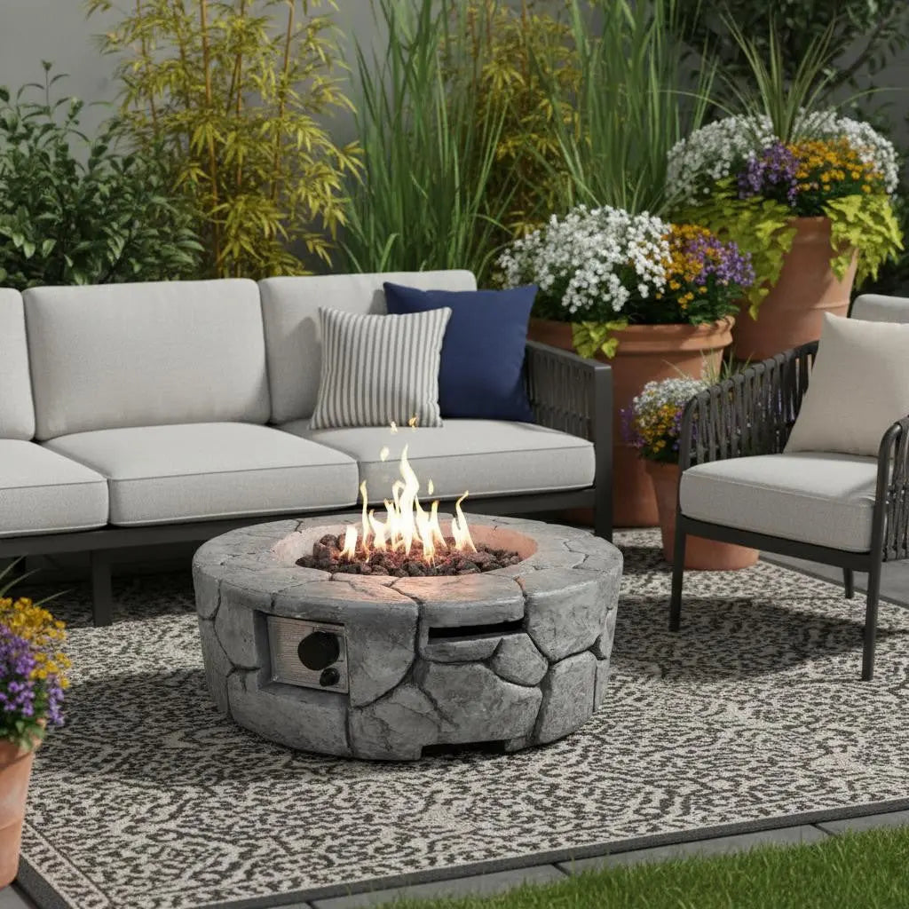 40000 BTU 28" Gray Concrete Propane Round Fire Pit With Cover Homeroots Outdoor