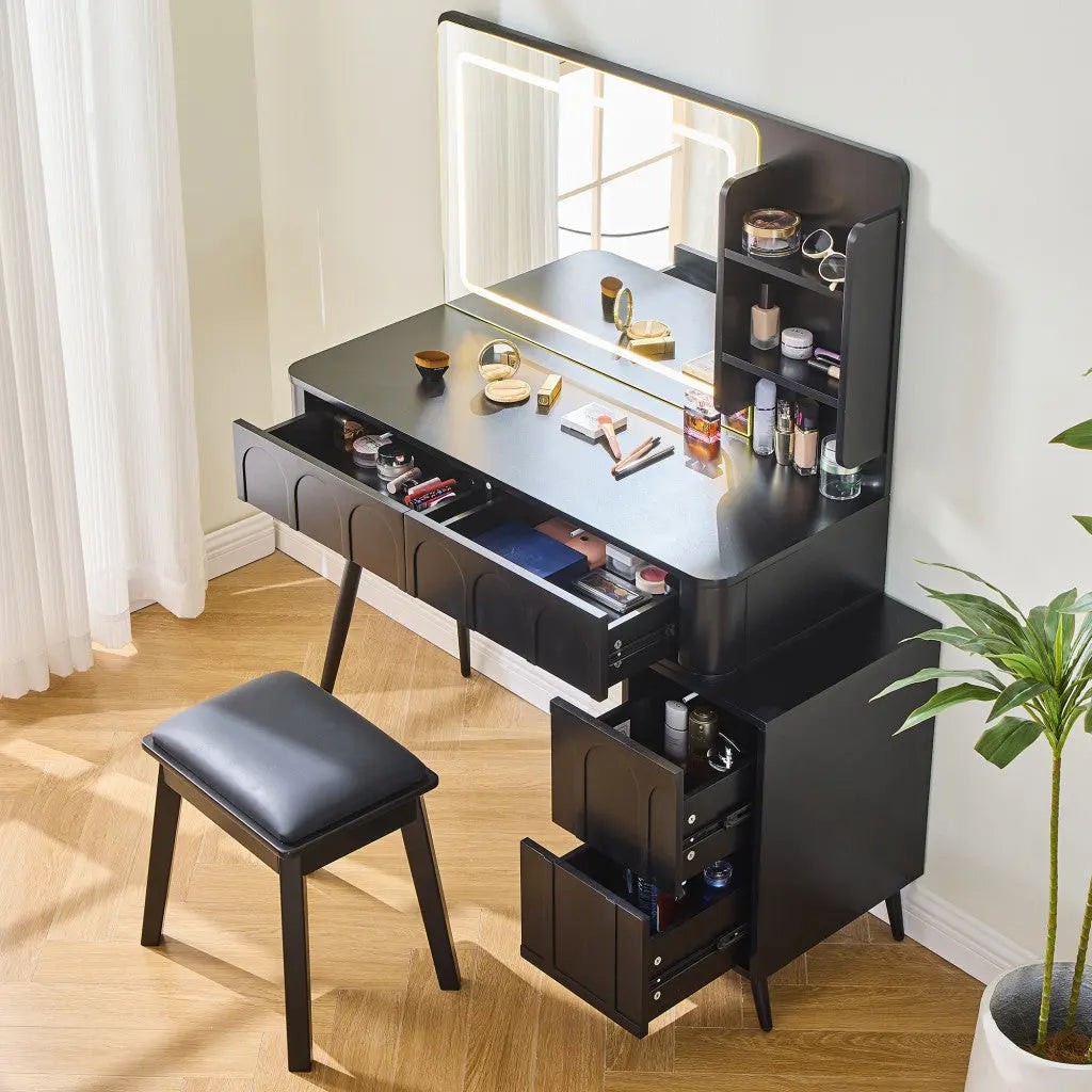 40" Black Wood Mirrored Four Drawer Vanity Table And Lights Homeroots Living Room