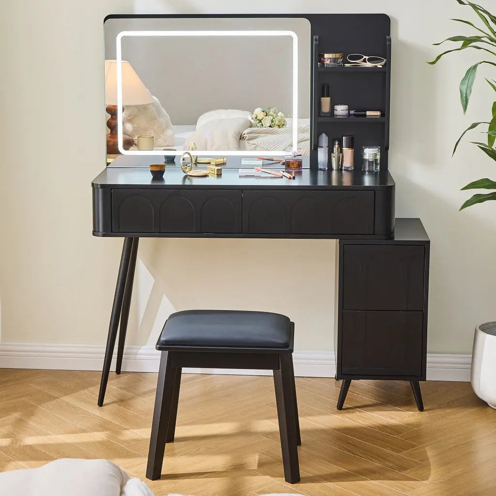 40" Black Wood Mirrored Four Drawer Vanity Table And Lights Homeroots Living Room