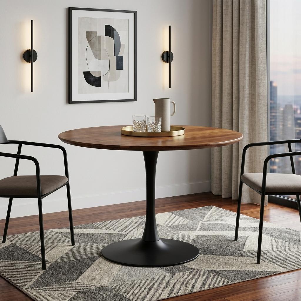 40" Brown And Black Rounded Solid Wood And Iron Pedestal Base Dining Table Homeroots Kitchen & Dining