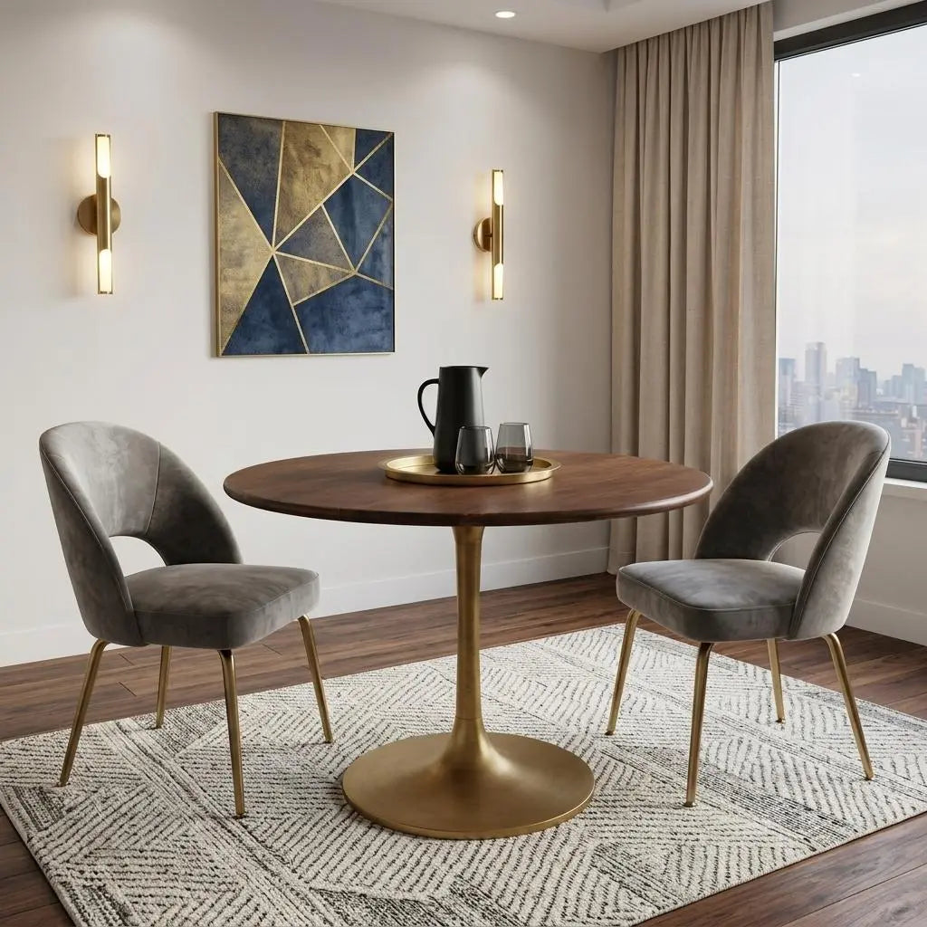 40" Brown And Gold Rounded Solid Wood And Iron Pedestal Base Dining Table Homeroots Kitchen & Dining