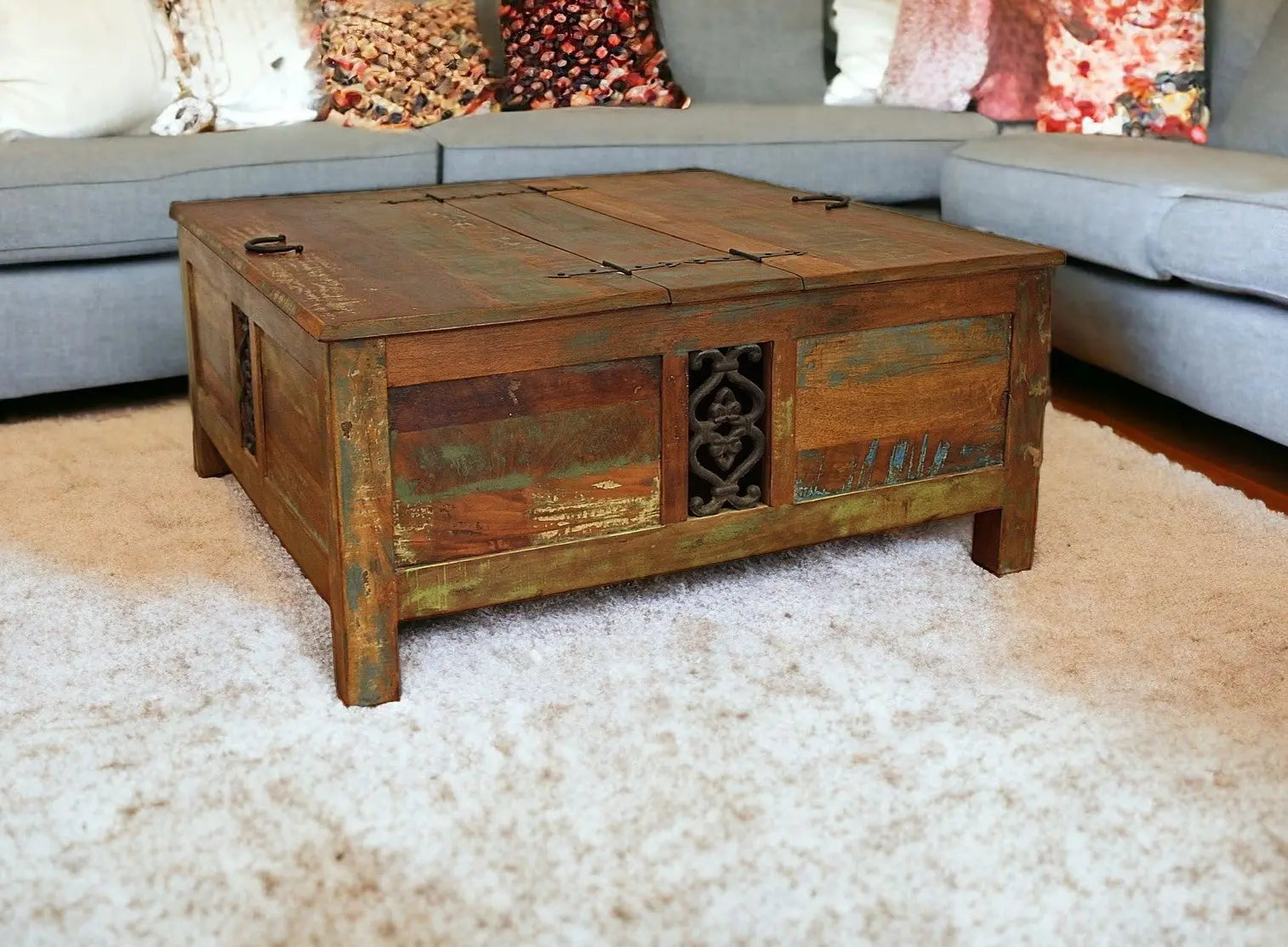 40" Brown Solid Wood Square Lift Top Solid Trunk Coffee Table Homeroots Living Room
