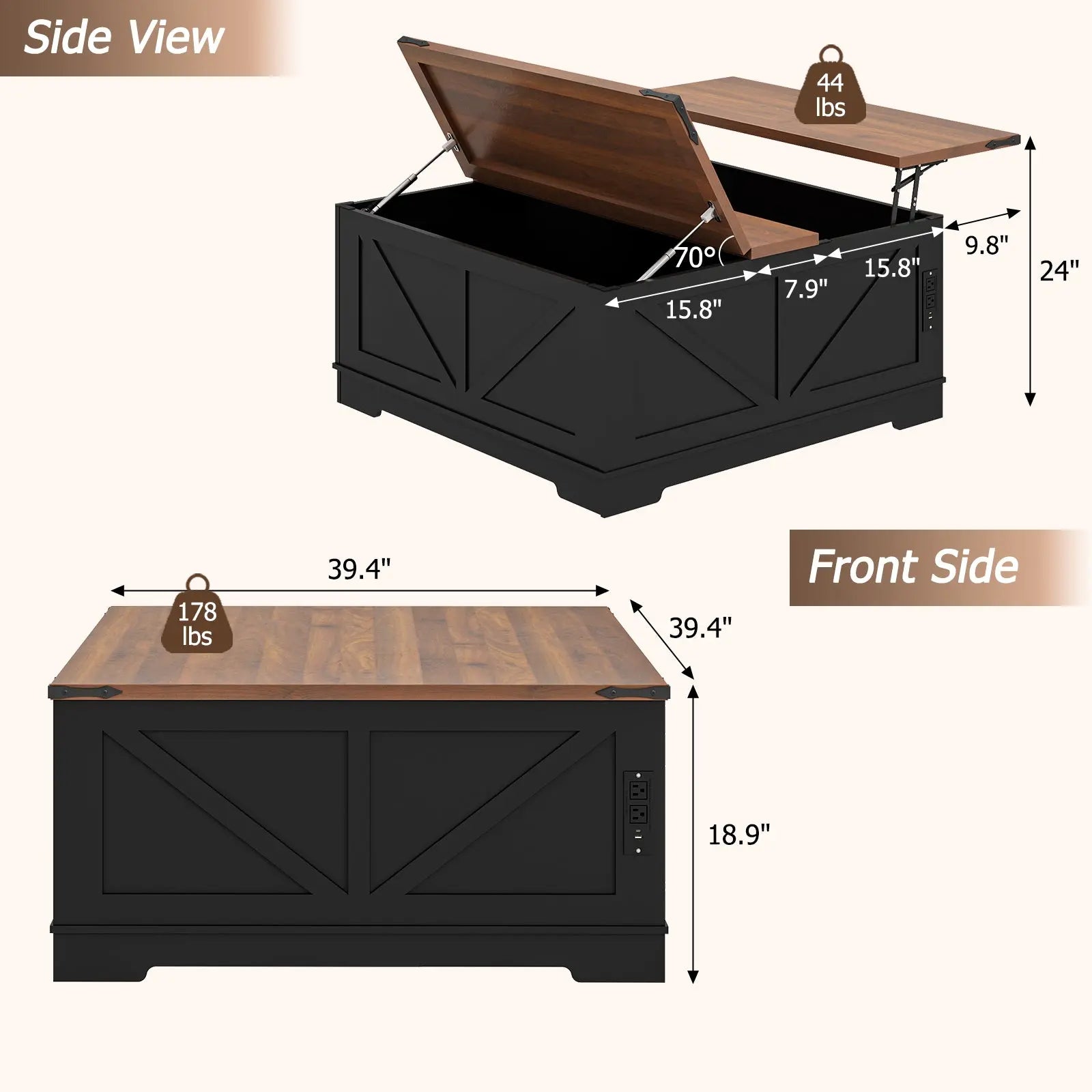 40" Brown and Black Wood Lift Top Solid Trunk Coffee Table With Two Shelves Homeroots Living Room