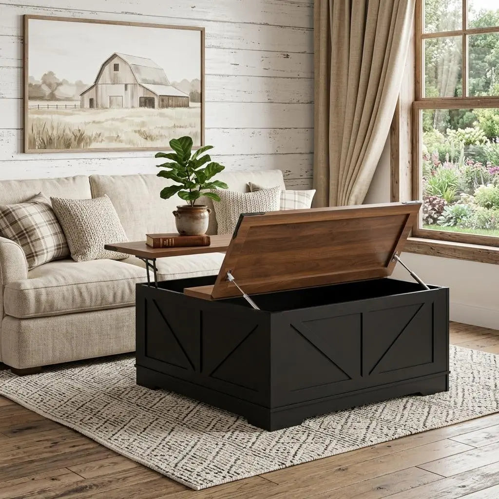 40" Brown and Black Wood Lift Top Solid Trunk Coffee Table With Two Shelves Homeroots Living Room