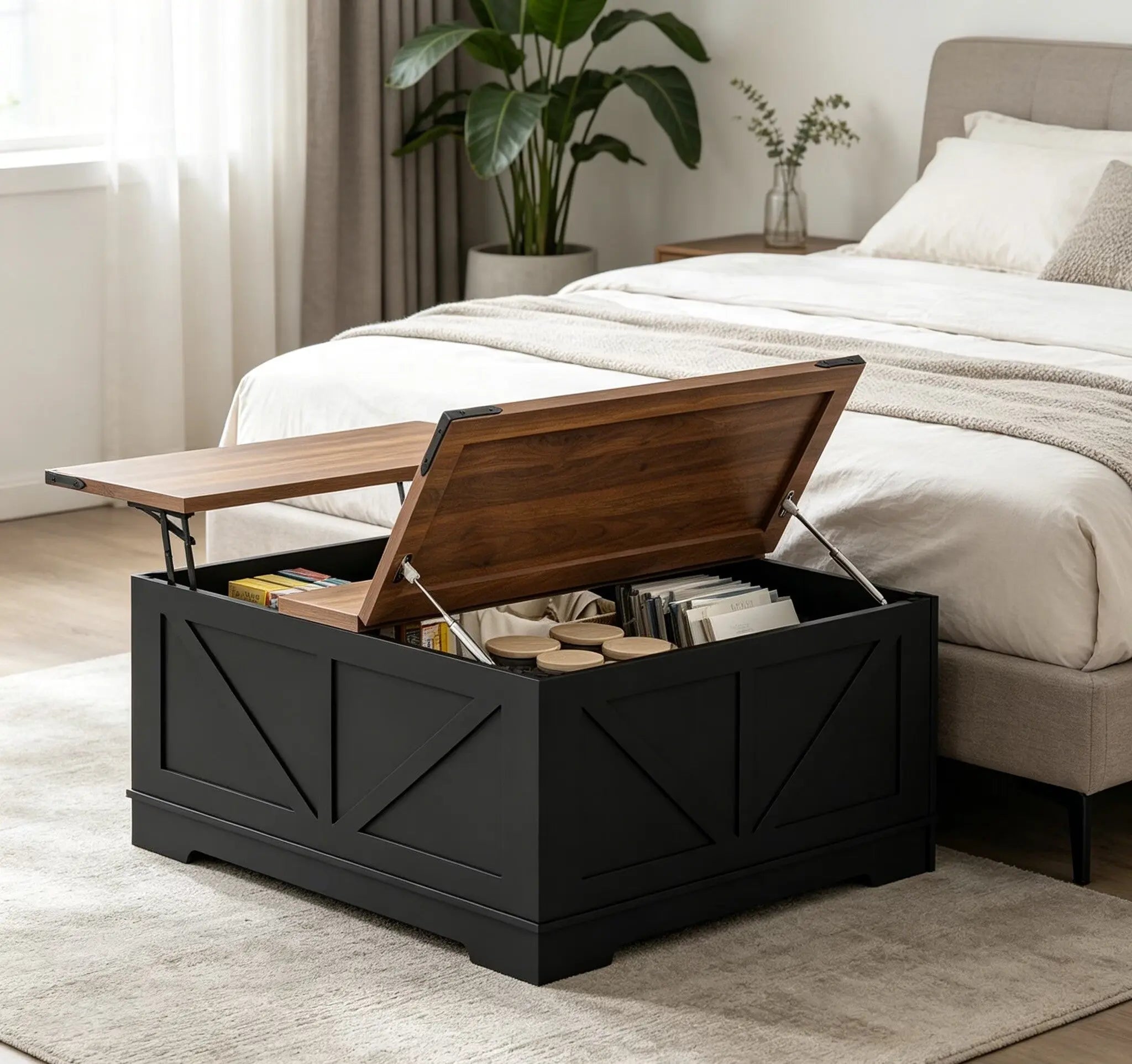 40" Brown and Black Wood Lift Top Solid Trunk Coffee Table With Two Shelves Homeroots Living Room