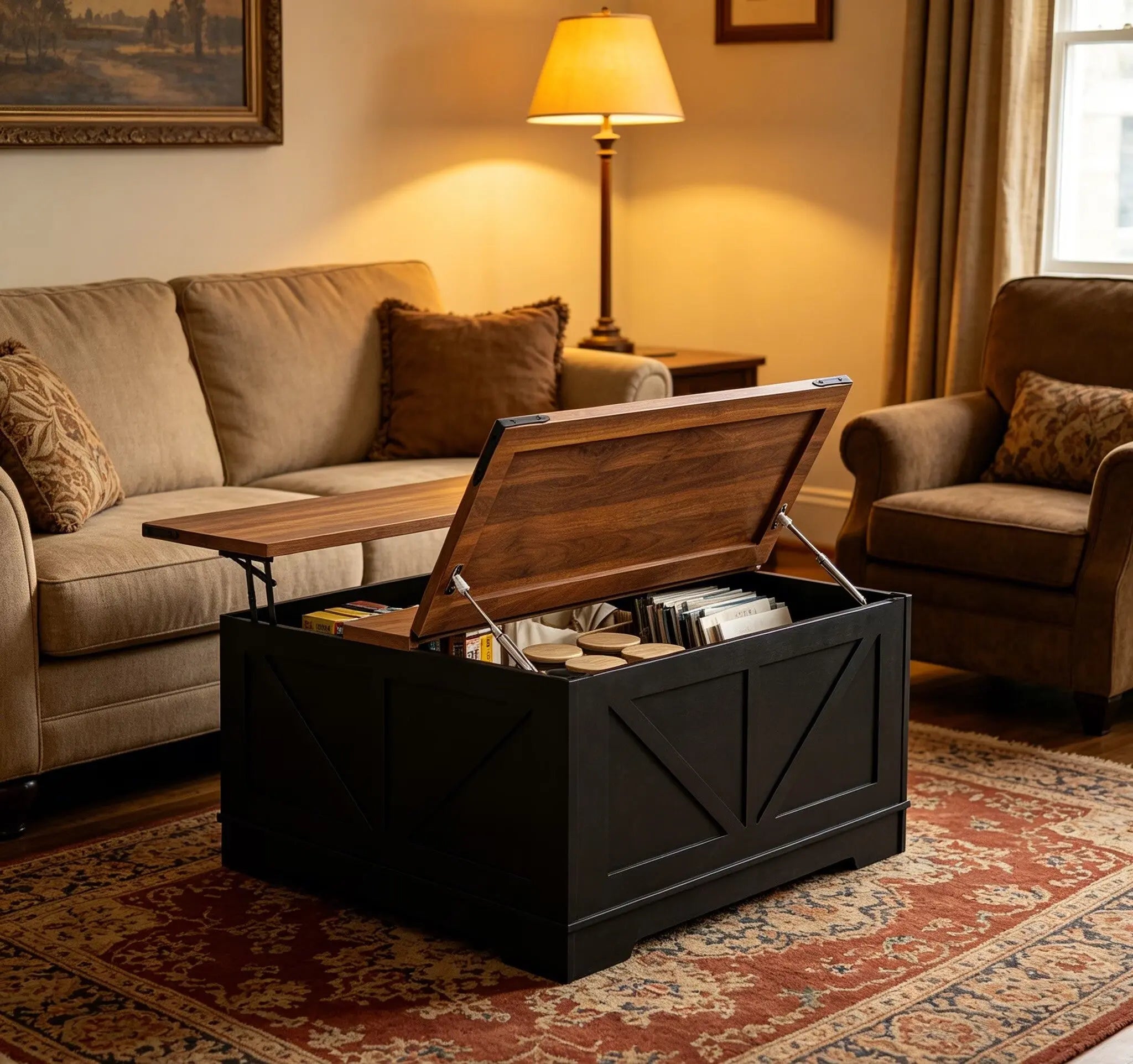 40" Brown and Black Wood Lift Top Solid Trunk Coffee Table With Two Shelves Homeroots Living Room