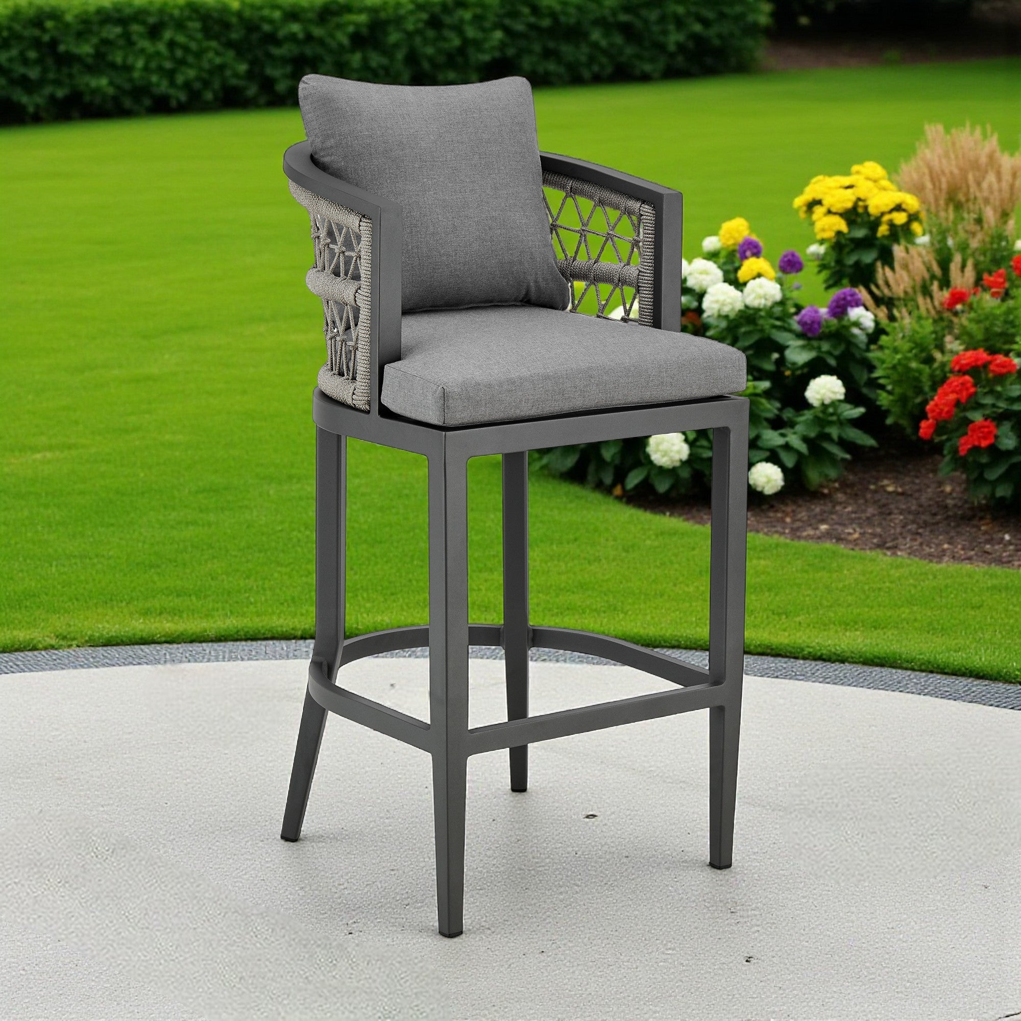 40" Gray Metal Outdoor Bar Height chair with Footrest - GreatEagleInc
