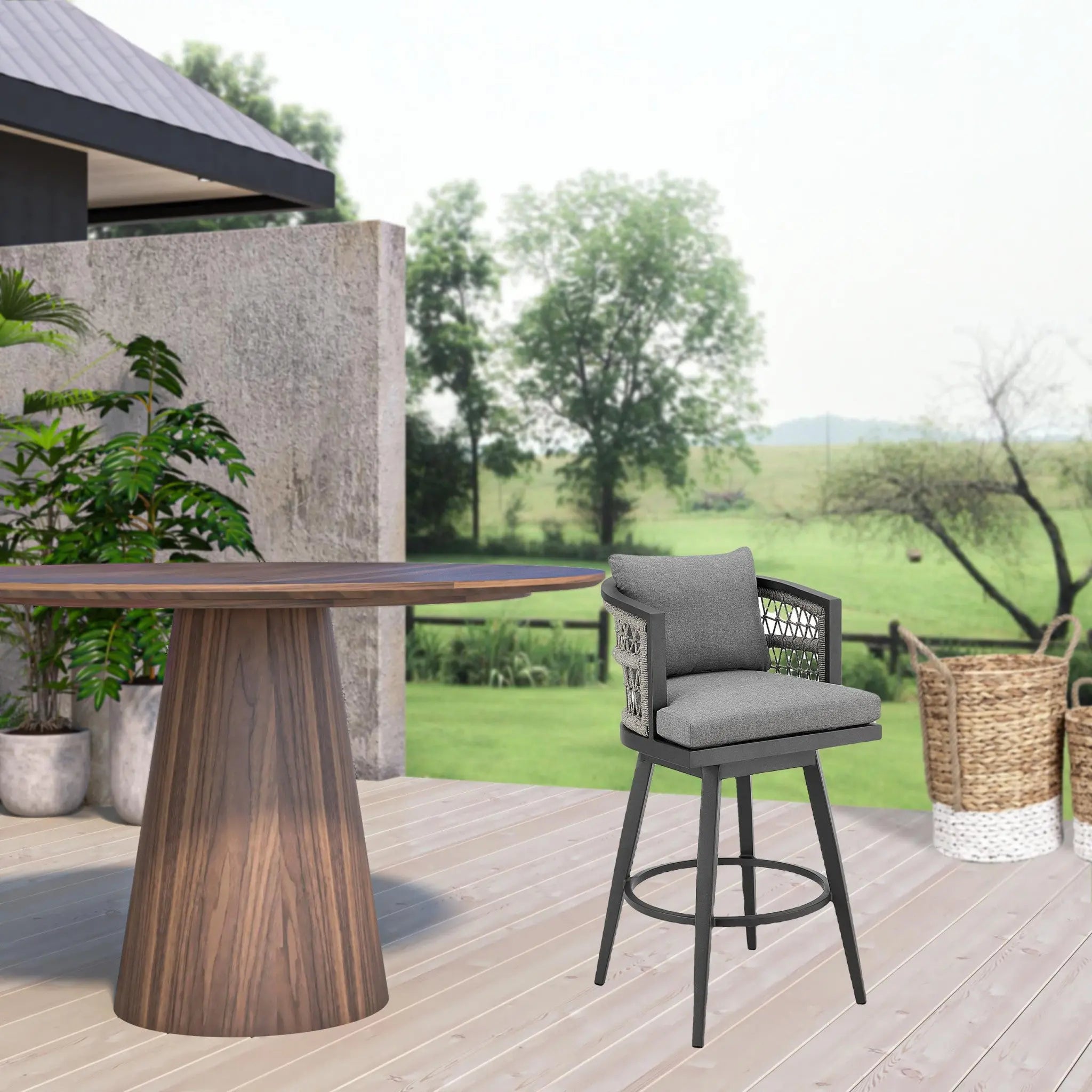 40" Gray Metal Swivel Outdoor Bar Height chair with Footrest Homeroots Outdoor