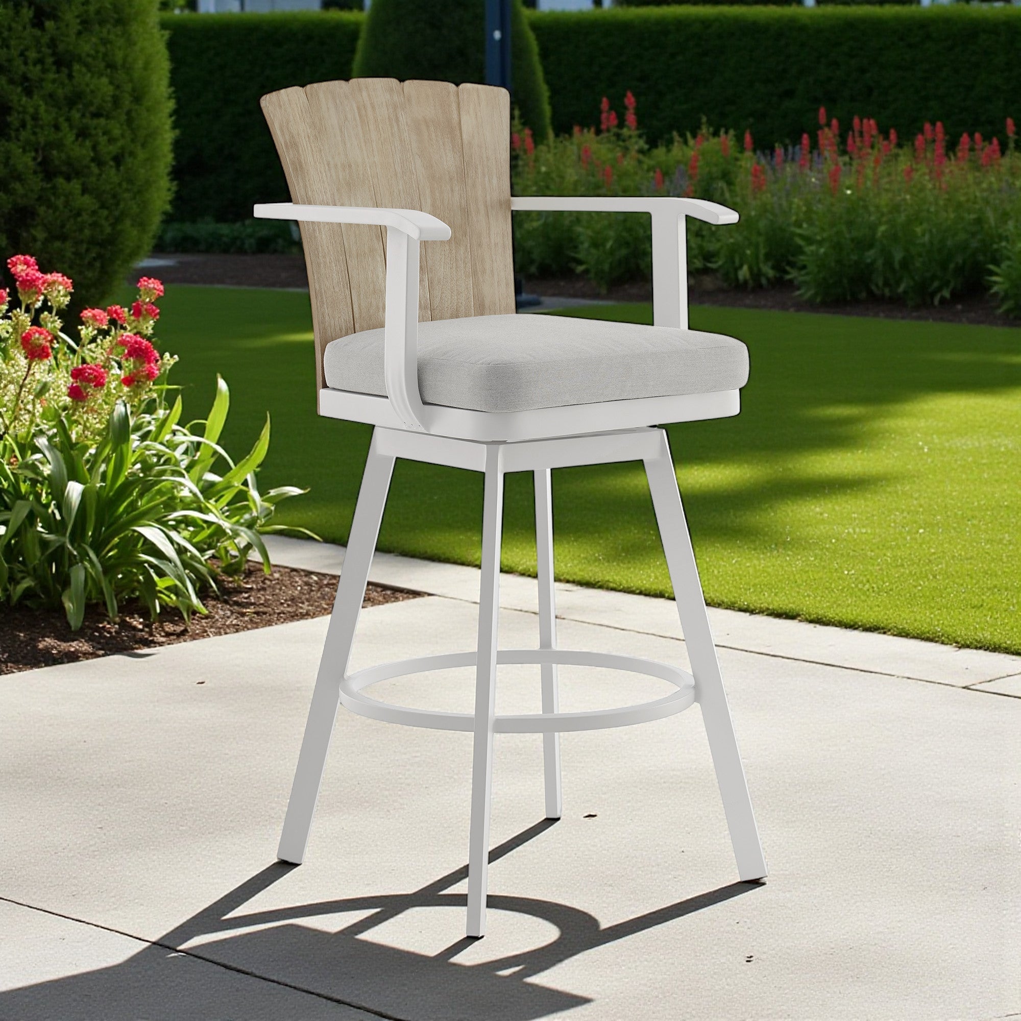 40" Gray Metal Swivel Outdoor Counter Height Bar chair with Footrest - GreatEagleInc