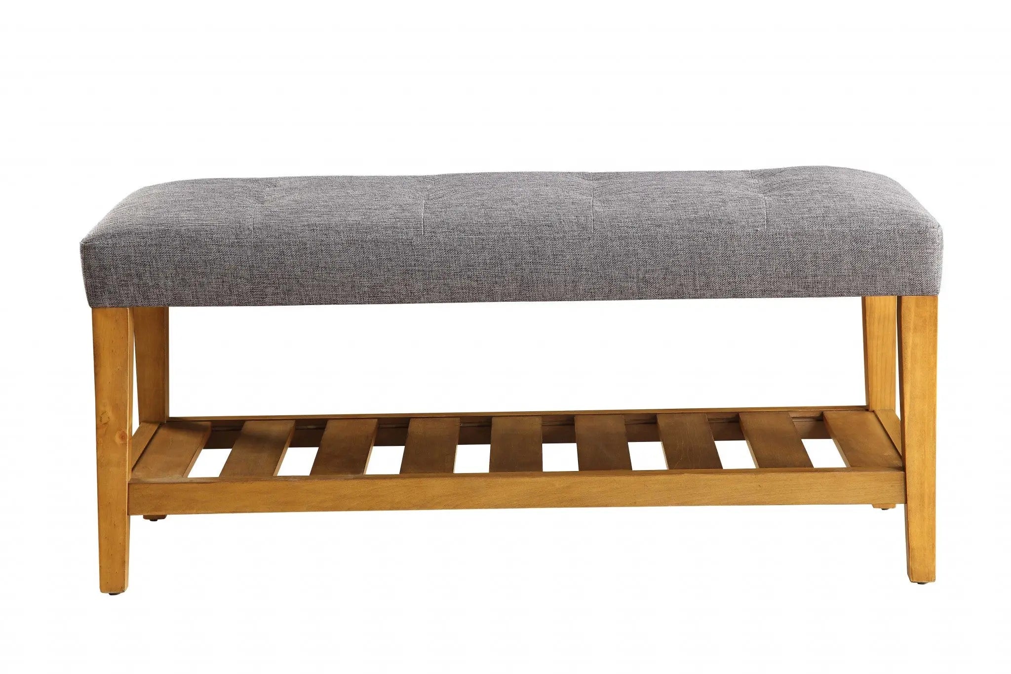 40" Gray and Brown Upholstered Linen Blend Bench with Shelves - GreatEagleInc