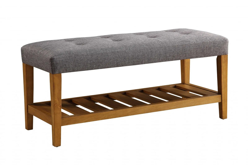 40" Gray and Brown Upholstered Linen Blend Bench with Shelves - GreatEagleInc