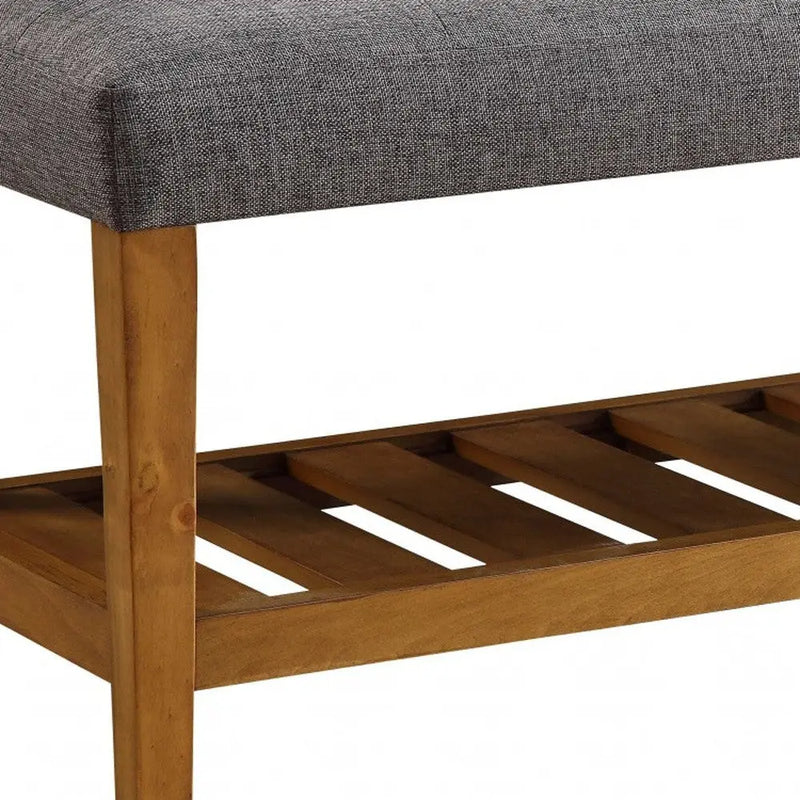40" Gray and Brown Upholstered Linen Blend Bench with Shelves - GreatEagleInc