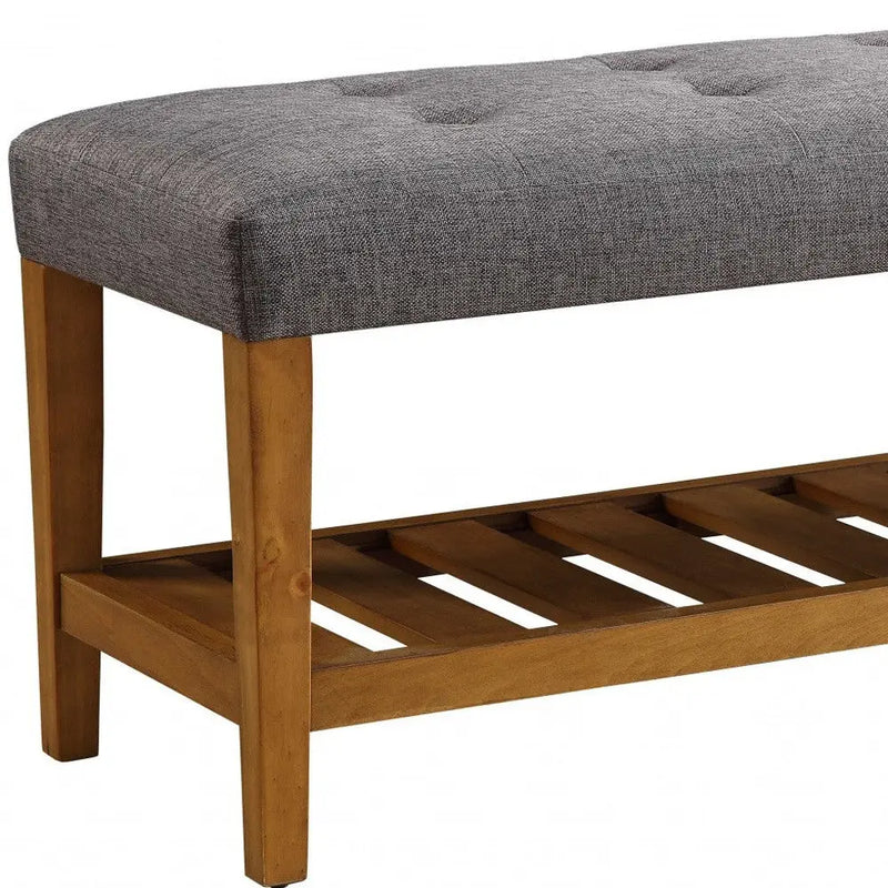 40" Gray and Brown Upholstered Linen Blend Bench with Shelves - GreatEagleInc