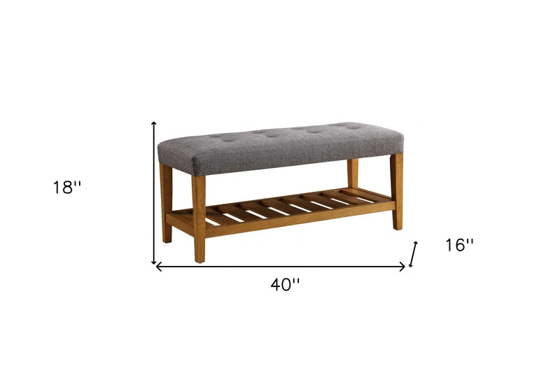 40" Gray and Brown Upholstered Linen Blend Bench with Shelves - GreatEagleInc