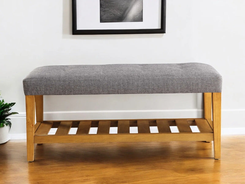 40" Gray and Brown Upholstered Linen Blend Bench with Shelves - GreatEagleInc