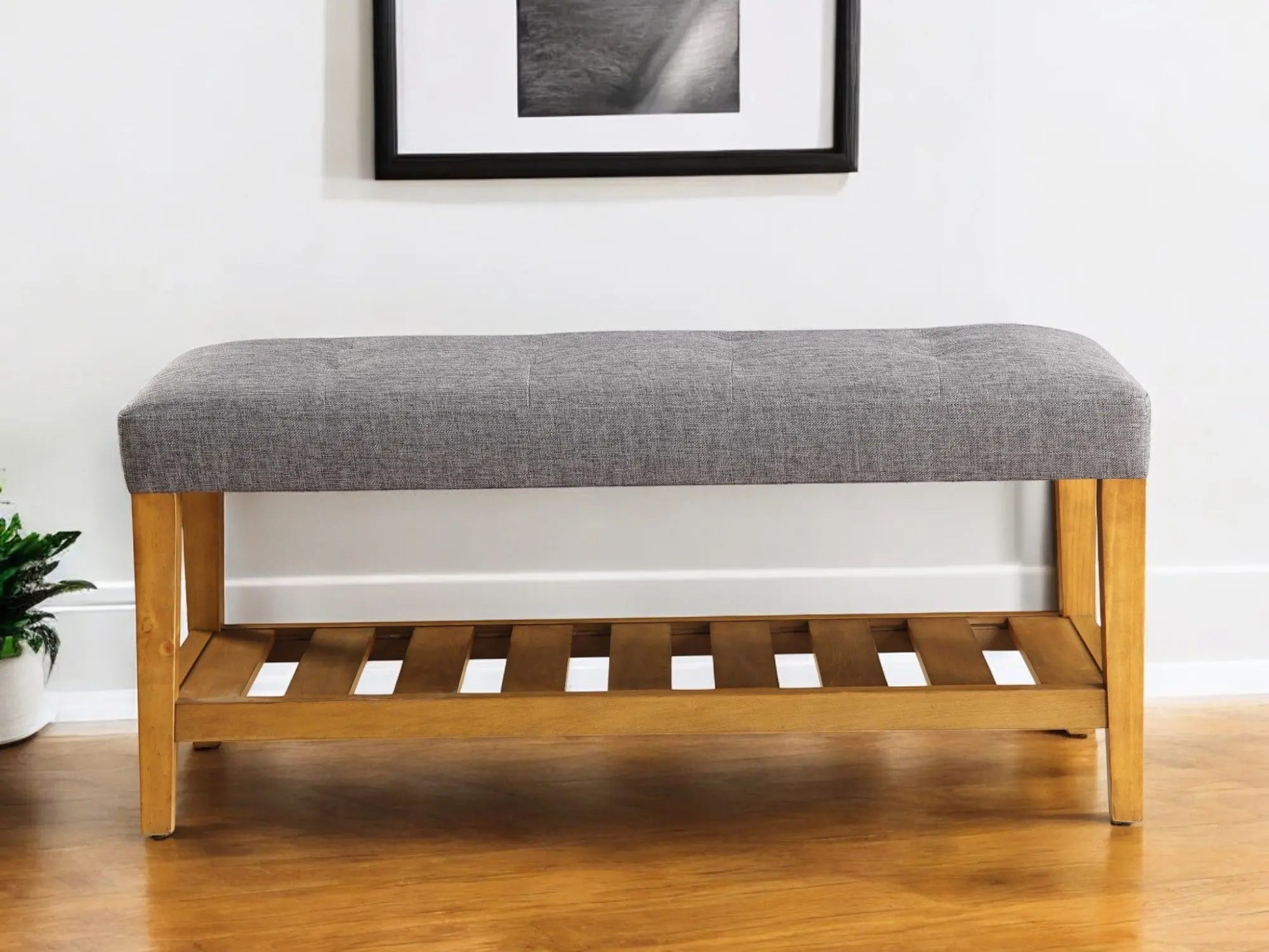 40" Gray and Brown Upholstered Linen Blend Bench with Shelves - GreatEagleInc