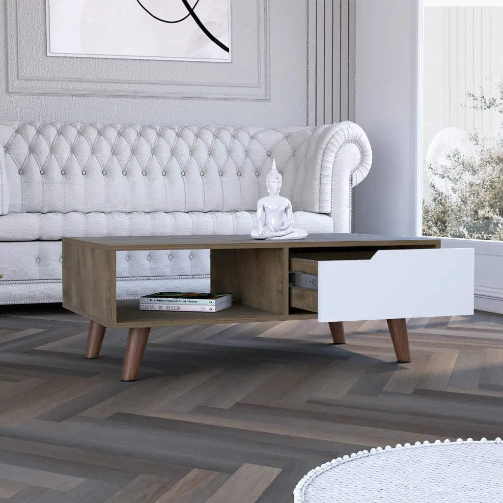 40" Natural And Dark Brown And White Wood Rectangular Coffee Table With Shelf Homeroots Living Room
