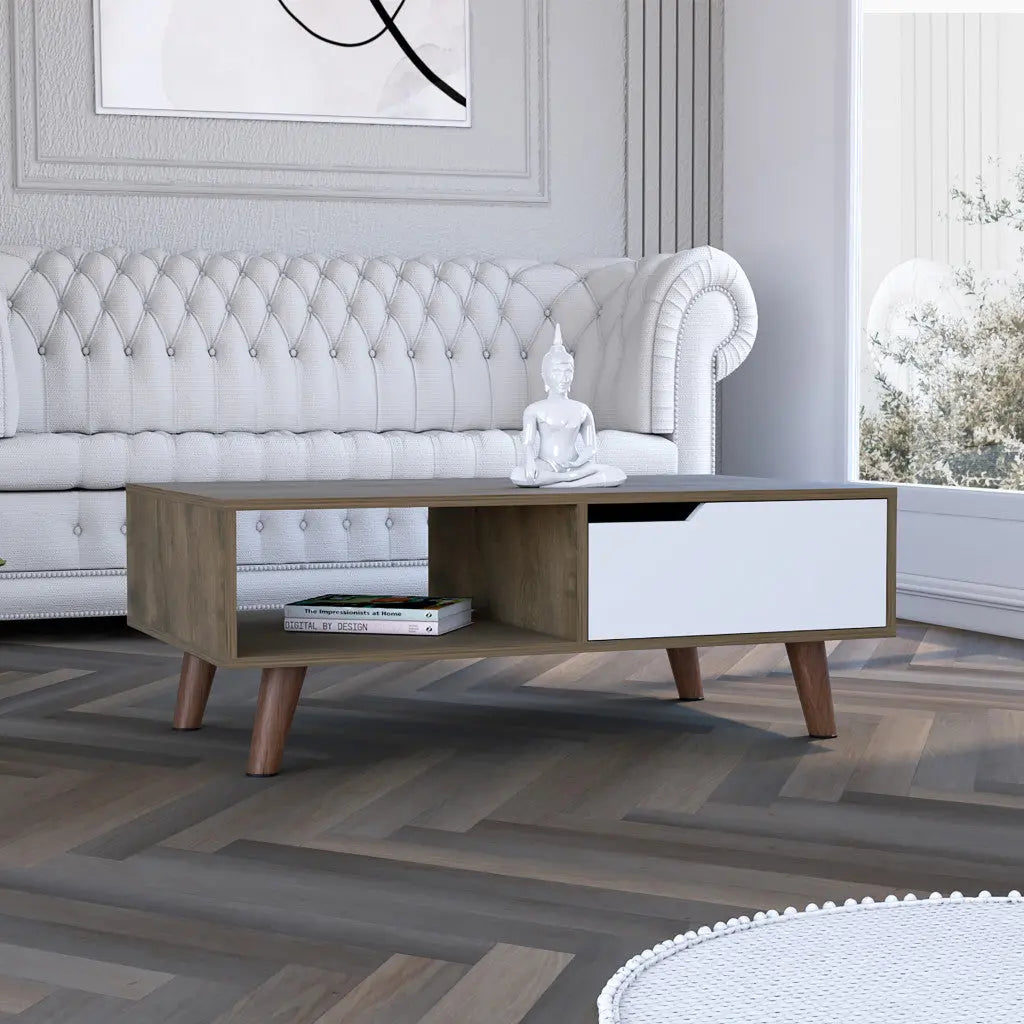 40" Natural And Dark Brown And White Wood Rectangular Coffee Table With Shelf Homeroots Living Room