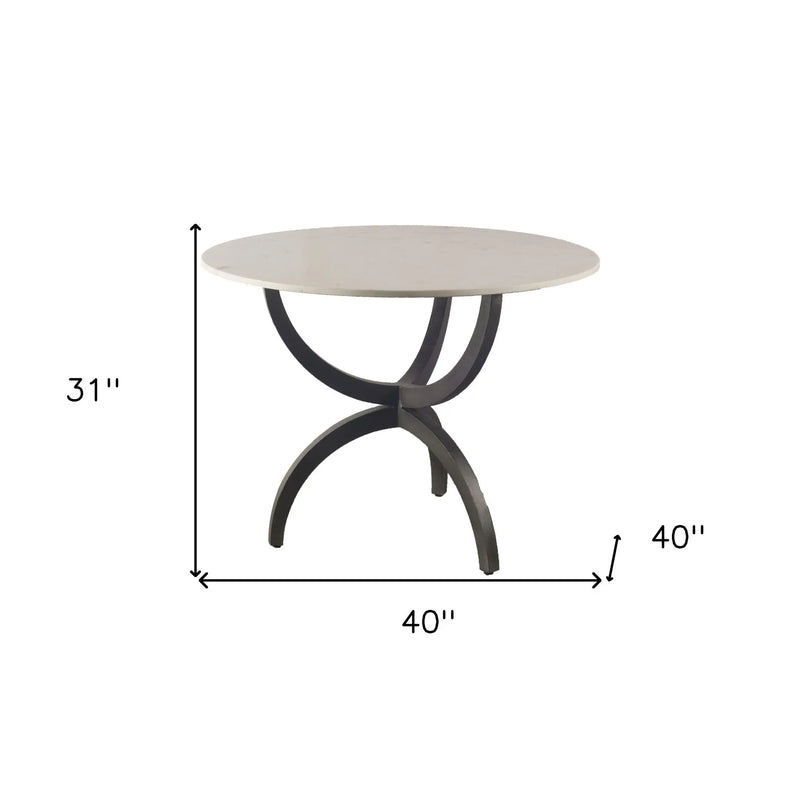40" Off White And Black Rounded Marble And Metal Three Leg Base Dining Table - GreatEagleInc