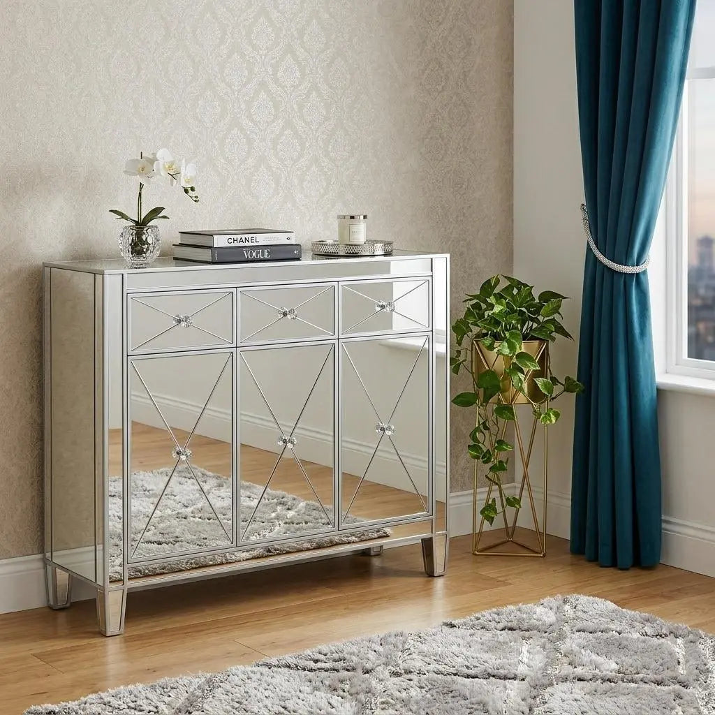 40" Silver Glass Three Drawer Sideboard with Three Doors Homeroots Kitchen & Dining