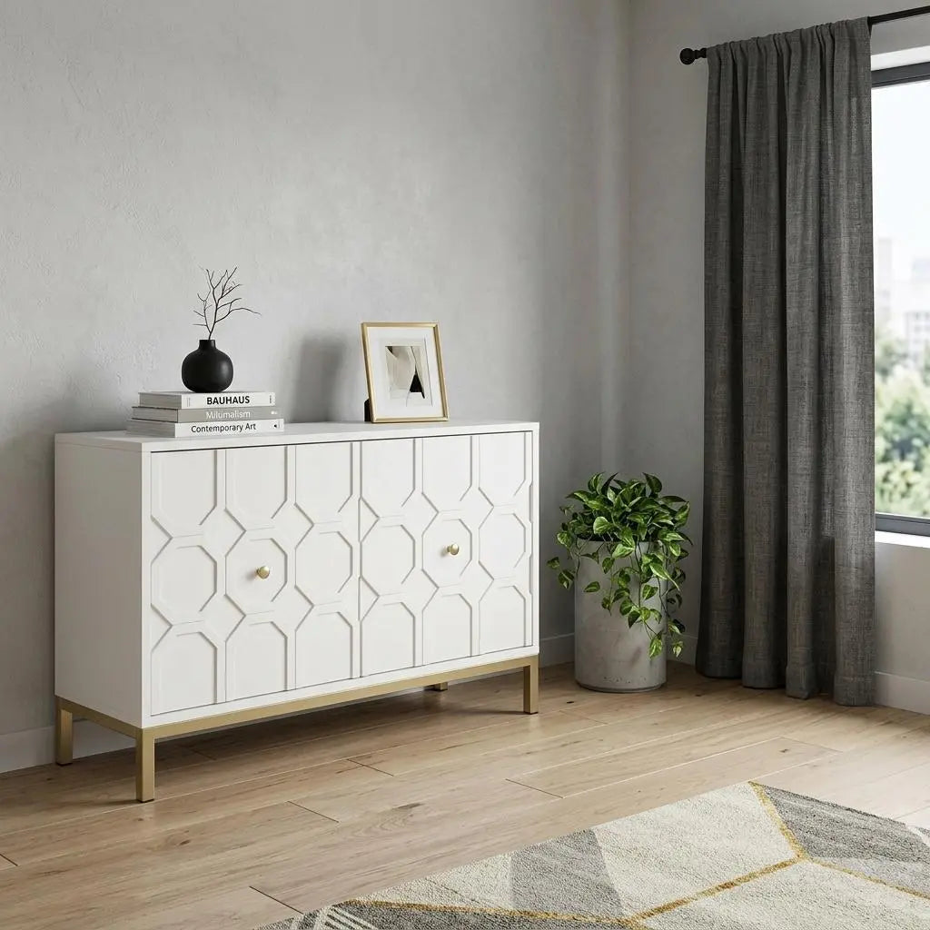 40" White Carved Geometric Sideboard with Two Doors Homeroots Kitchen & Dining