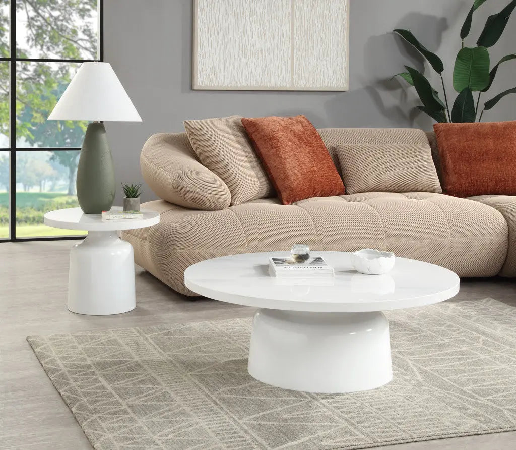 40" White Faux Marble and Wood Round Pedestal Coffee Table Homeroots Living Room