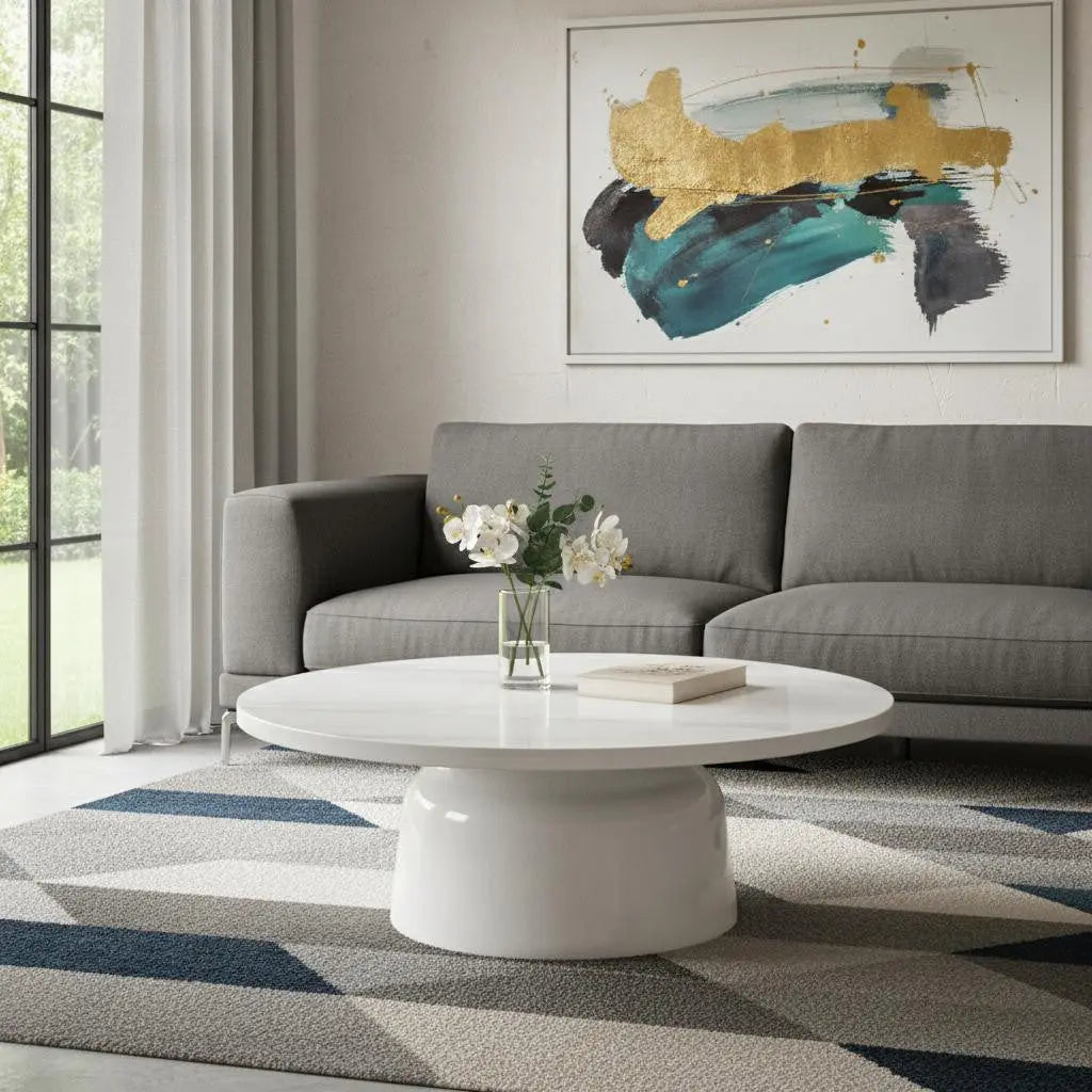 40" White Faux Marble and Wood Round Pedestal Coffee Table Homeroots Living Room