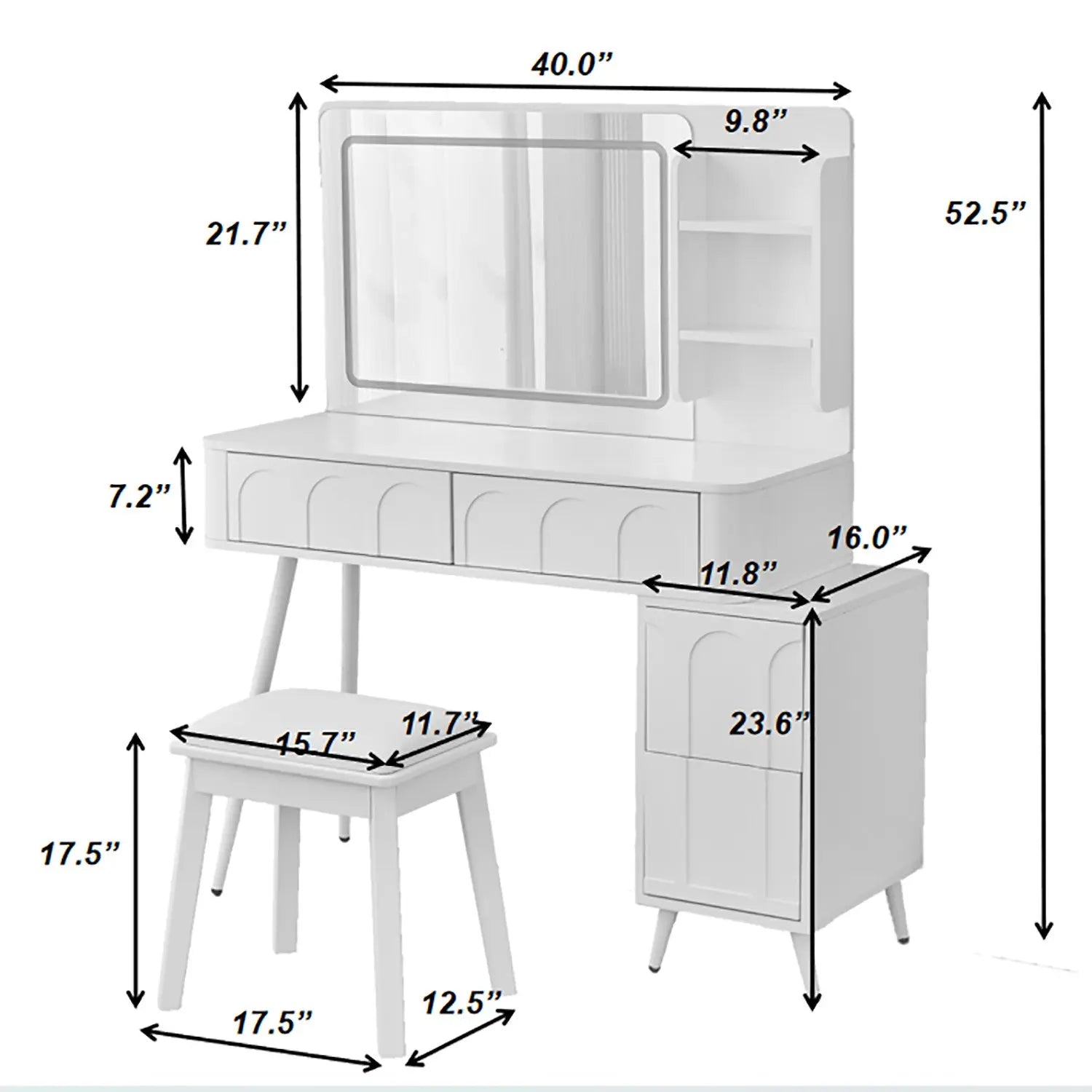 40" White Wood Mirrored Four Drawer Vanity Table And Lights Homeroots Living Room