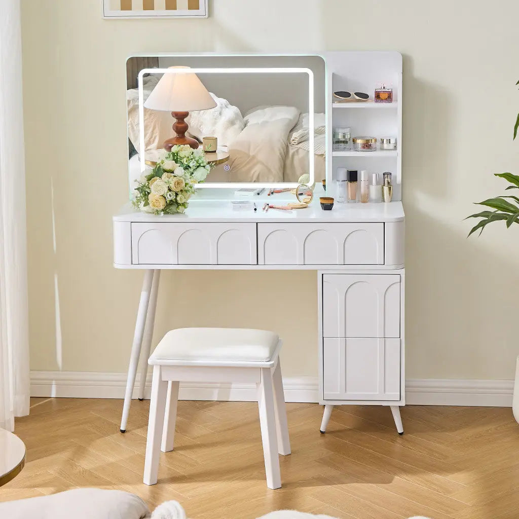 40" White Wood Mirrored Four Drawer Vanity Table And Lights Homeroots Living Room