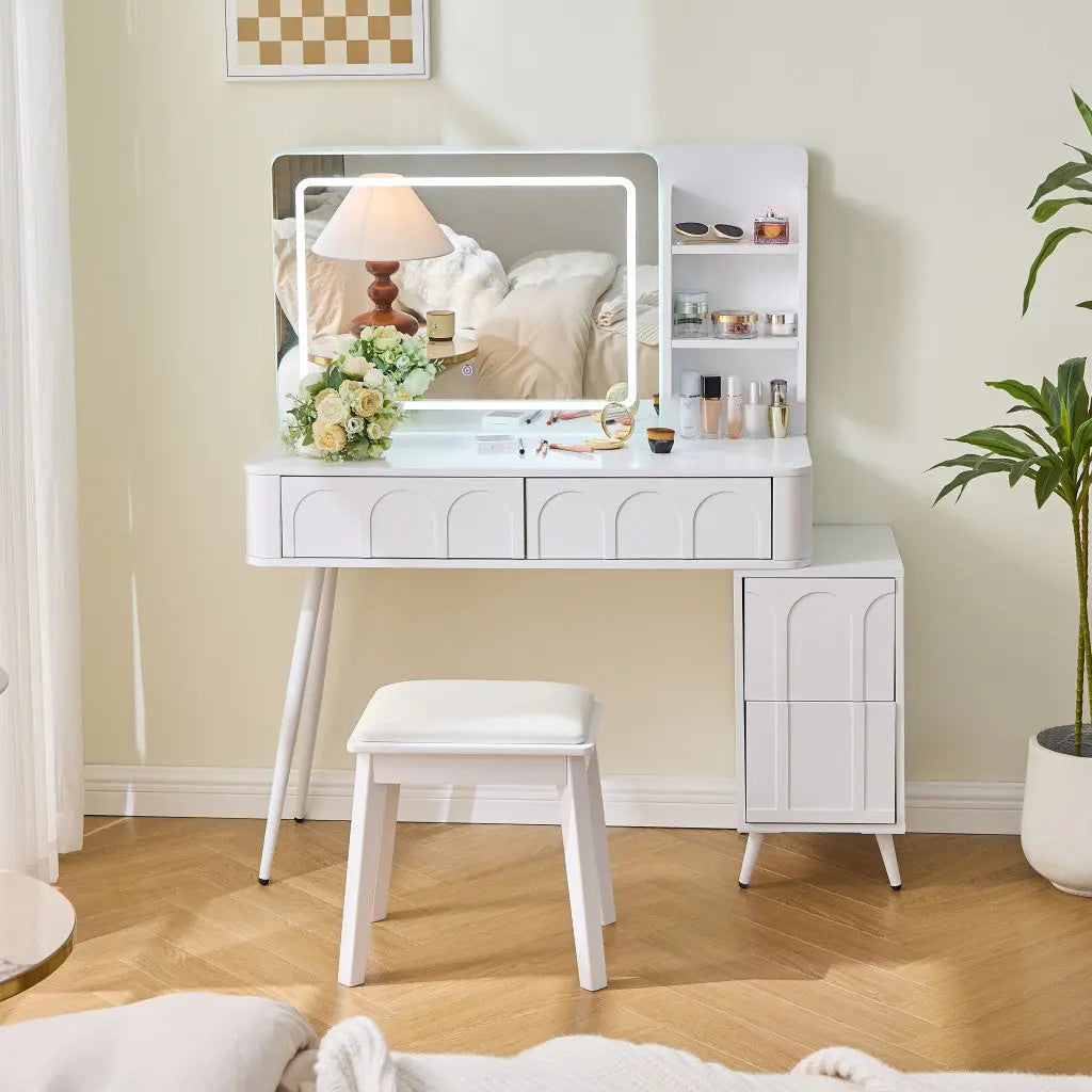40" White Wood Mirrored Four Drawer Vanity Table And Lights Homeroots Living Room