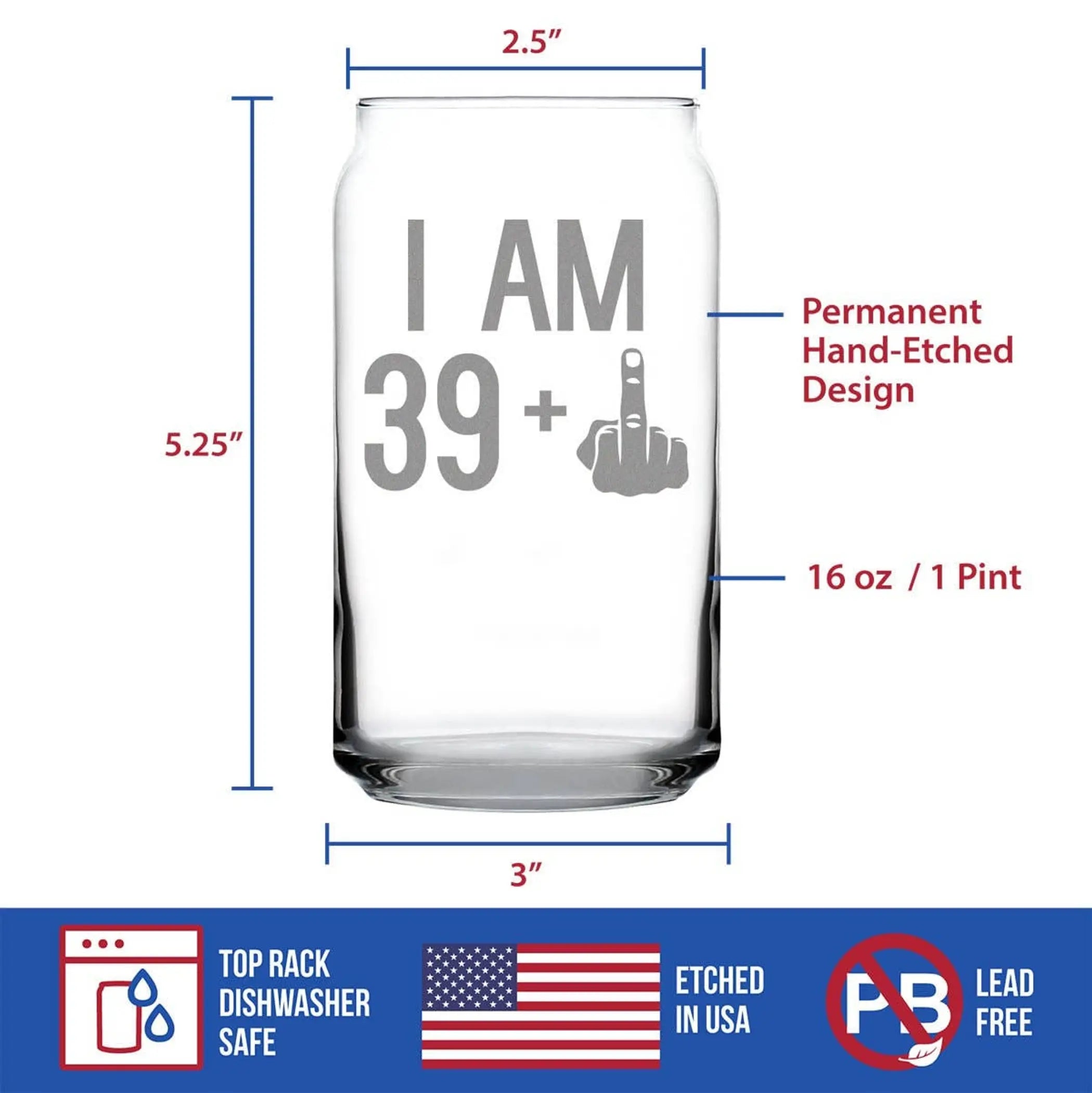 40th Birthday Gifts - 39 Middle Finger Beer Can Pint Glass Bevvee