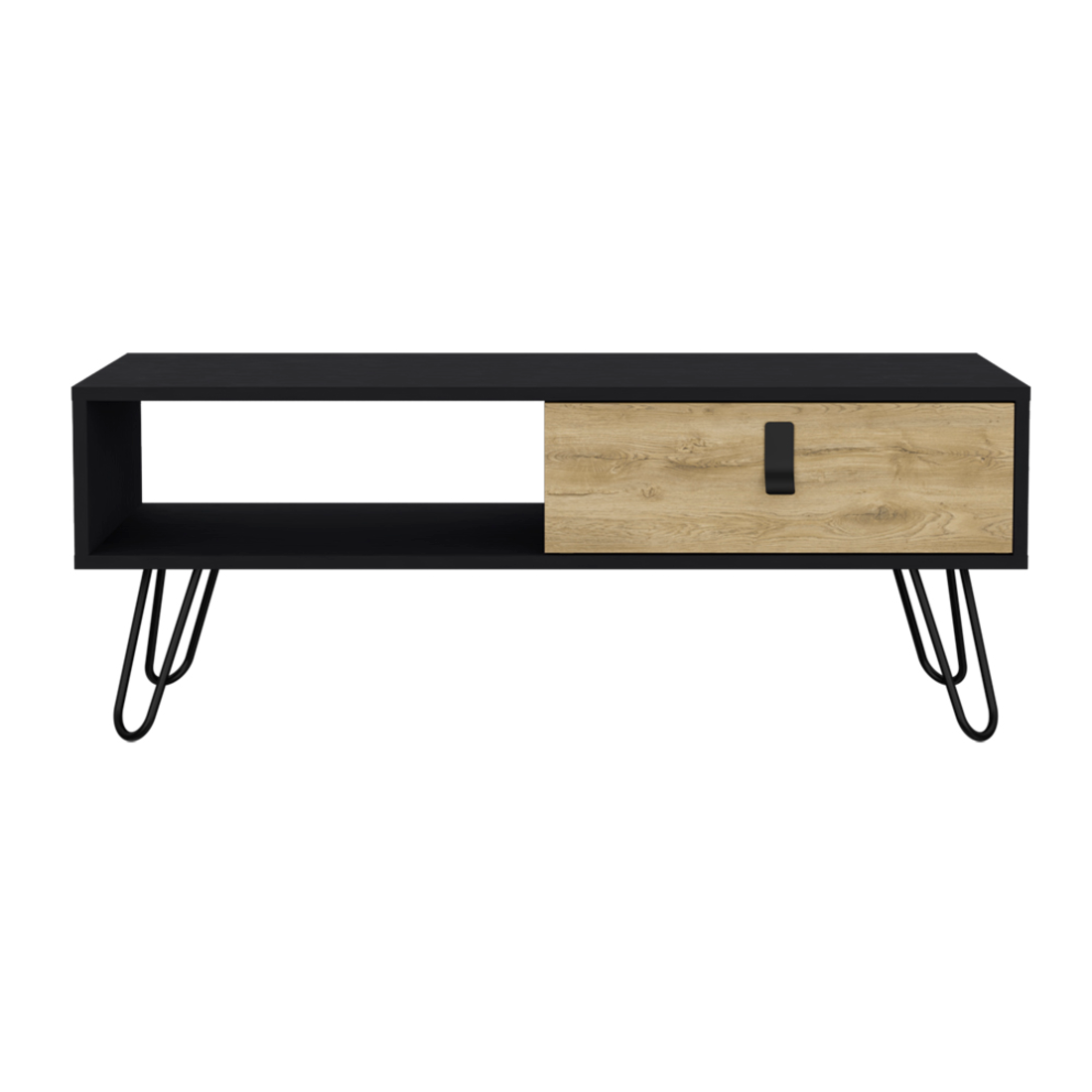 41" Black and Oak Wood and Metal Coffee Table With Drawer And Shelf - GreatEagleInc