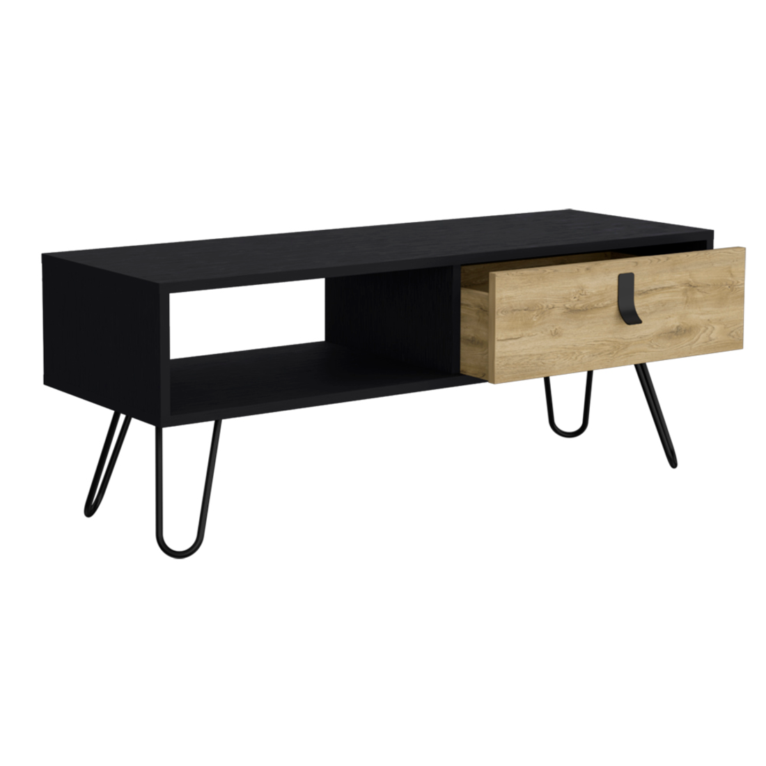 41" Black and Oak Wood and Metal Coffee Table With Drawer And Shelf - GreatEagleInc