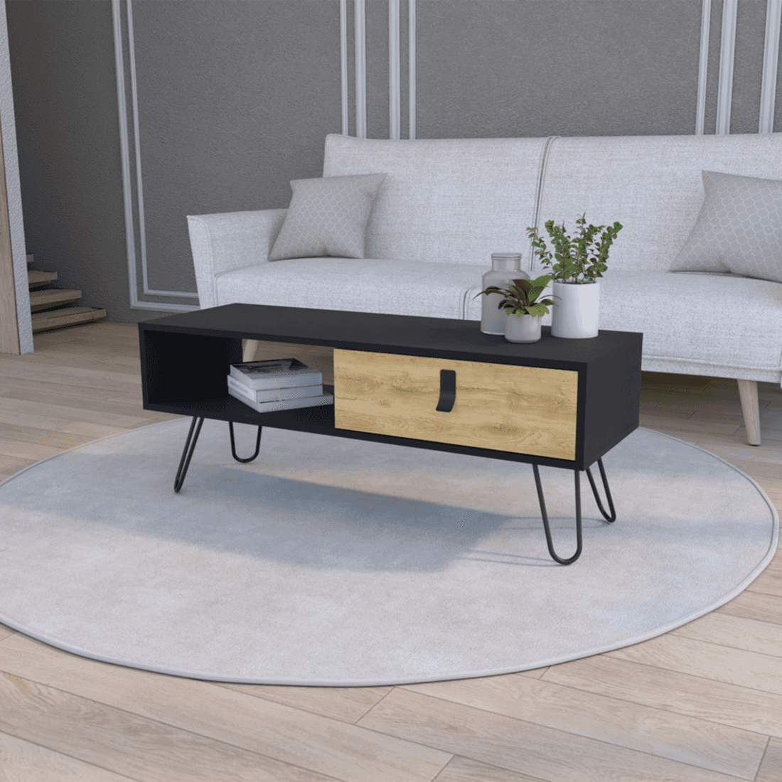 41" Black and Oak Wood and Metal Coffee Table With Drawer And Shelf - GreatEagleInc