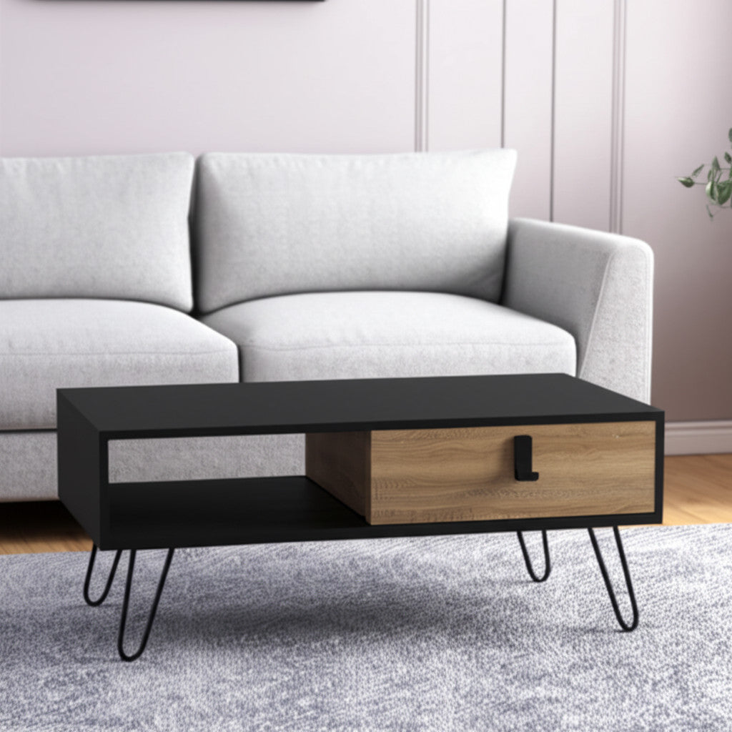 41" Black and Oak Wood and Metal Coffee Table With Drawer And Shelf - GreatEagleInc