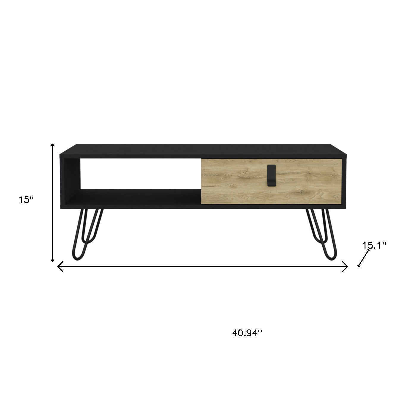 41" Black and Oak Wood and Metal Coffee Table With Drawer And Shelf - GreatEagleInc