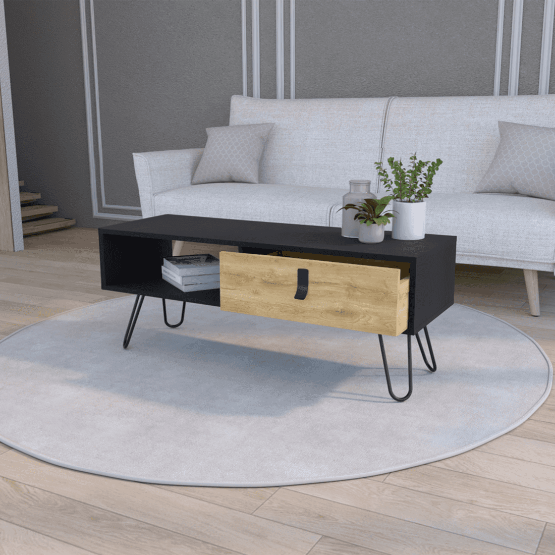 41" Black and Oak Wood and Metal Coffee Table With Drawer And Shelf - GreatEagleInc