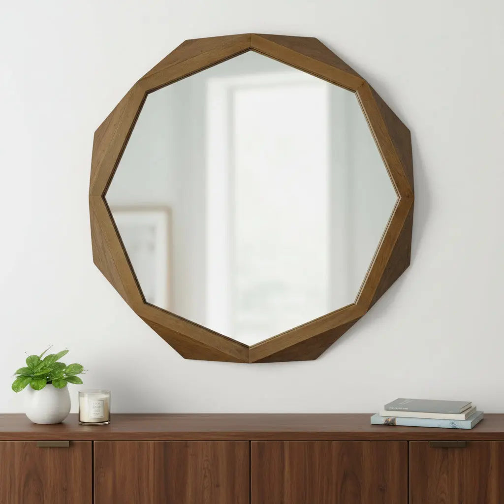 41" Brown Solid Wood Octagon Framed Accent Mirror Homeroots Bed & Bath